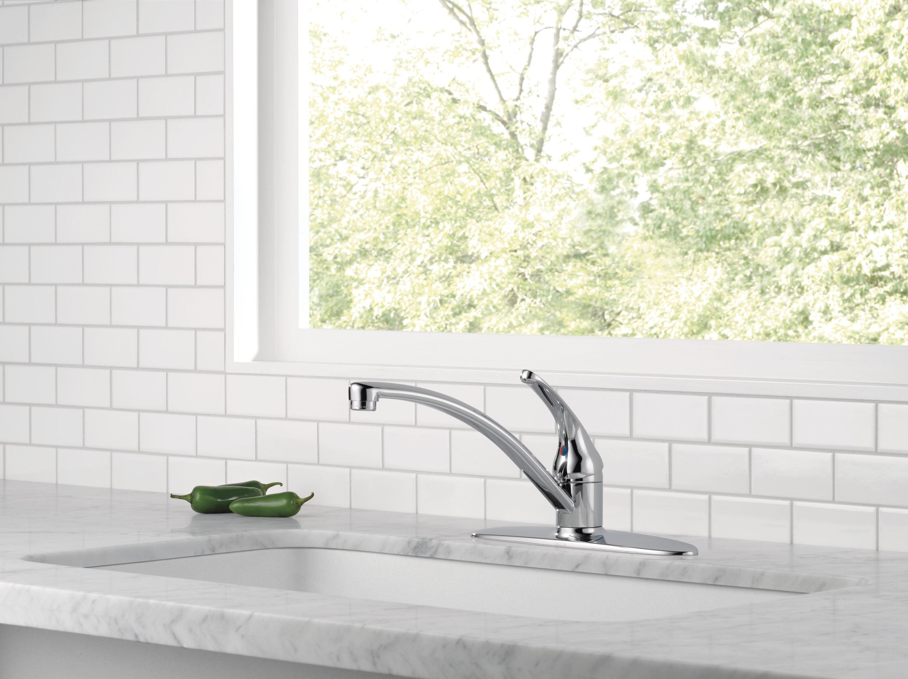 Delta Foundations Chrome Single Handle Low Arc Kitchen Faucet Deck Plate Included In The 8895