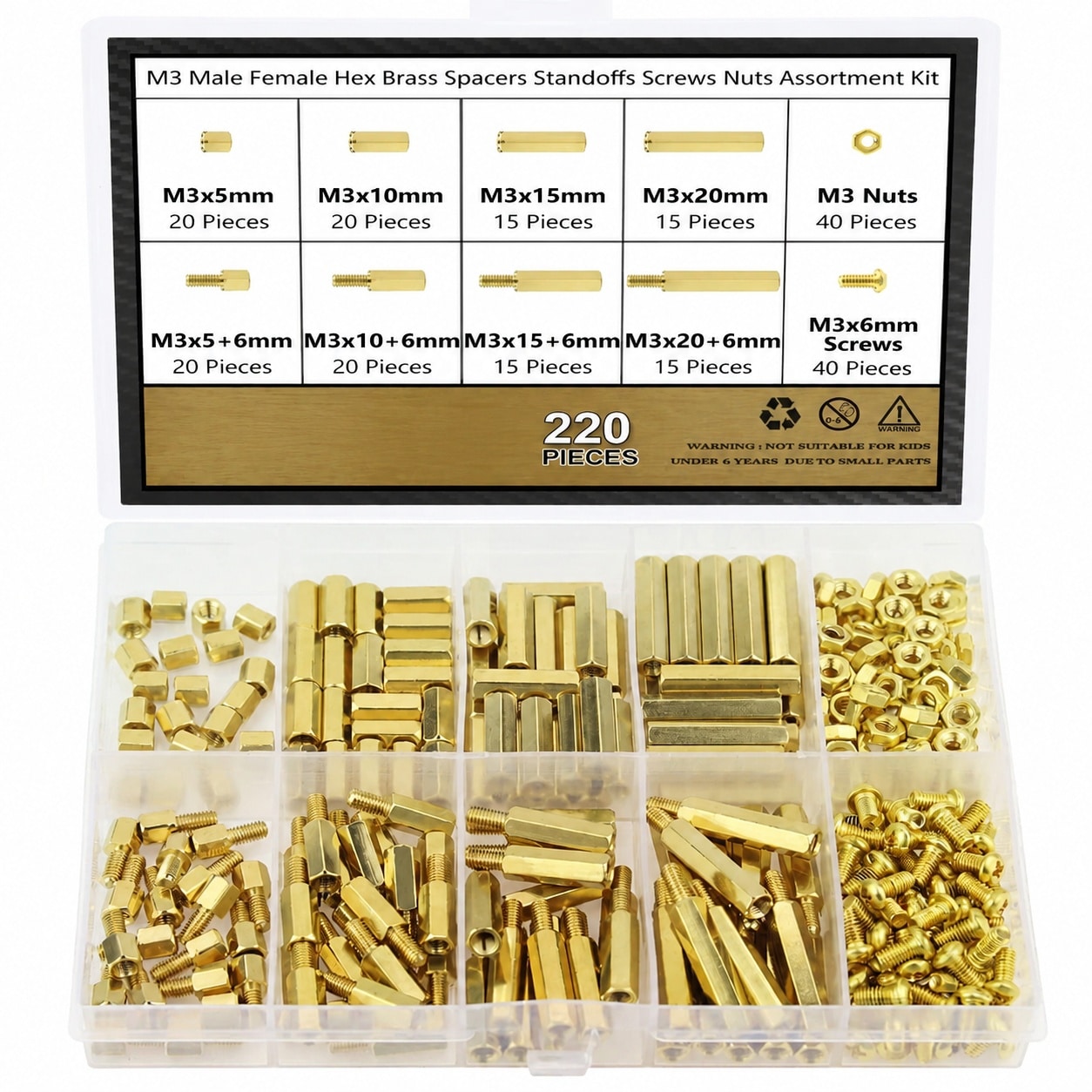 ITOPFOX  220 Pieces M3 Male Female Hex Brass Standoffs Spacers Screws Nuts Kit for PCB Motherboard Assembly and Electronic Projects