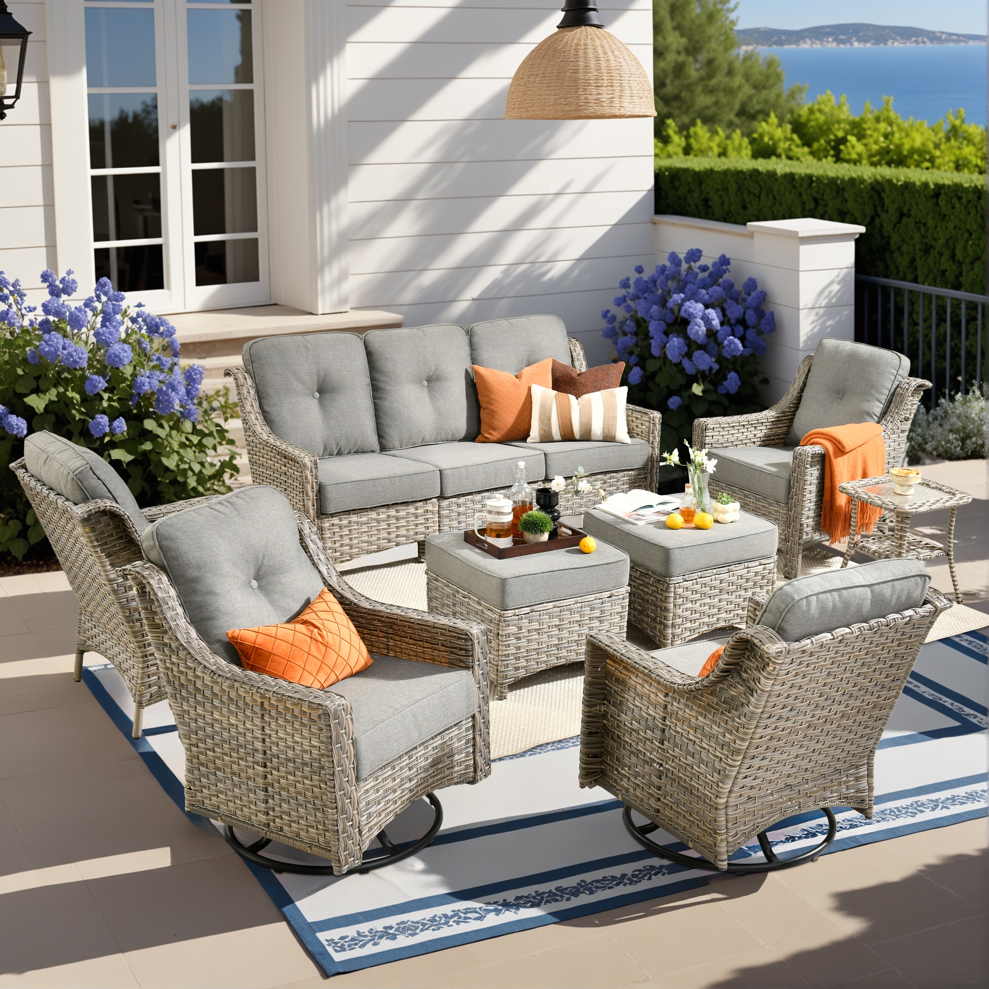 Pouuin SYZPAD208 8 -Piece Wicker Patio Sofa Conversation Set with Dark Gray Cushions