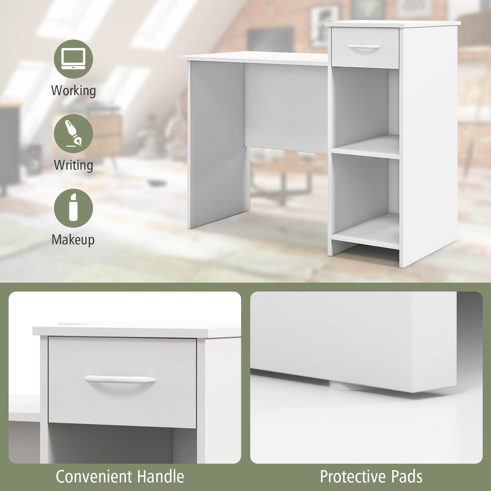 Slickblue 40.5 inch W- White Computer Desk MDF Plastic 1 Drawer 5 ...