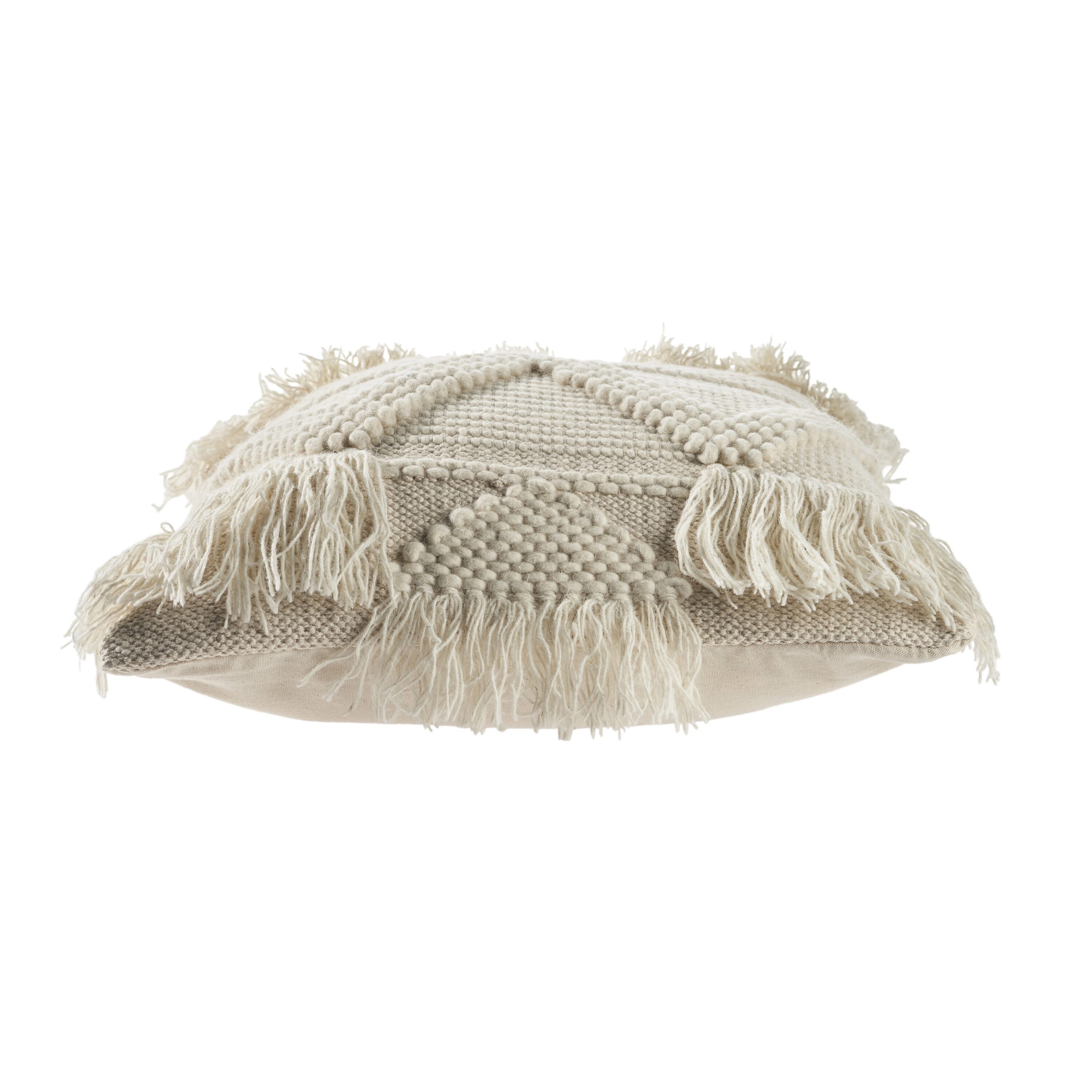 Ivory Embroidered Square Throw Pillow with Fringe