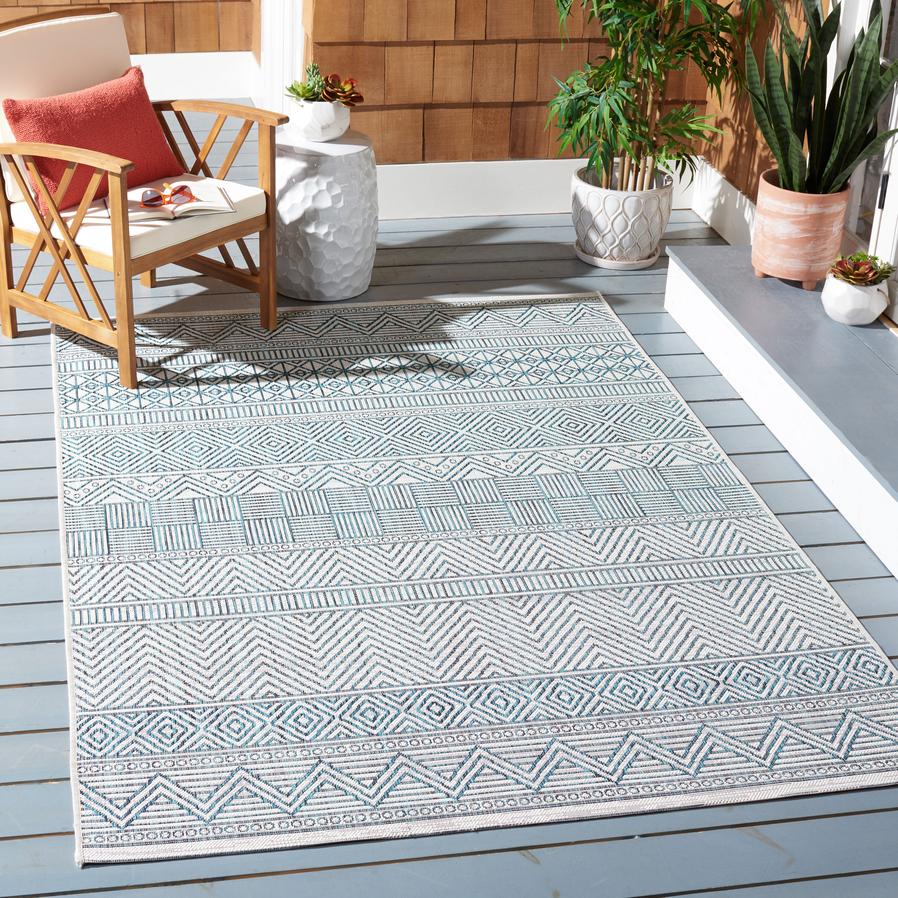 Safavieh Outdoor Cy8196-53512 Courtyard Ivory / Turquoise Rug - 9' x 12