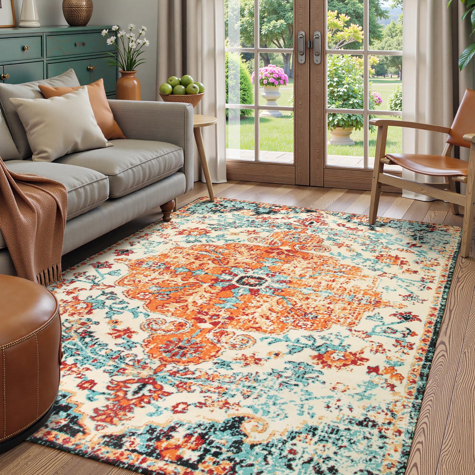 Lahome RR-FYR-001-O5 2 x 6 (ft) Orange Ethnic Style Faux Cashmere Rectangular Indoor Area Rug