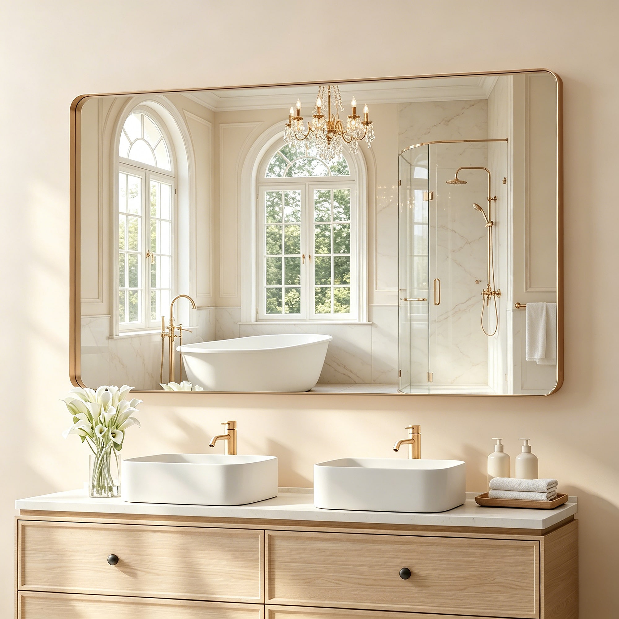 Velusian 48 in. W x 36 in. H Rectangular Wall Bathroom Aluminiun Alloy Frame Vanity Mirror in Champagne Bronze