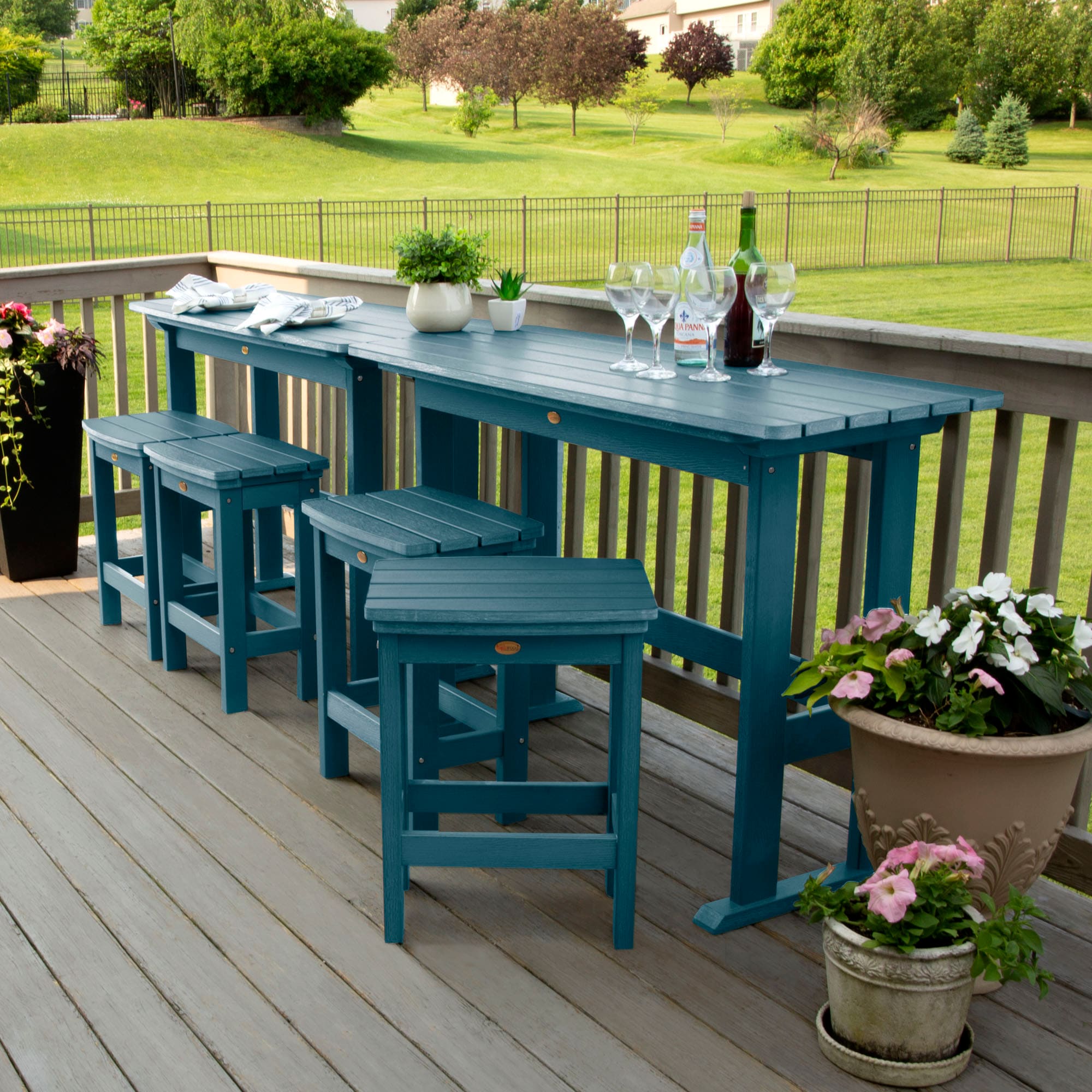 highwood AD-KITBALC101-NBE The Lehigh 6 -Piece Nantucket Blue Bar Height Patio Dining Set Plastic Rectangle Table with 4 Stationary Chairs