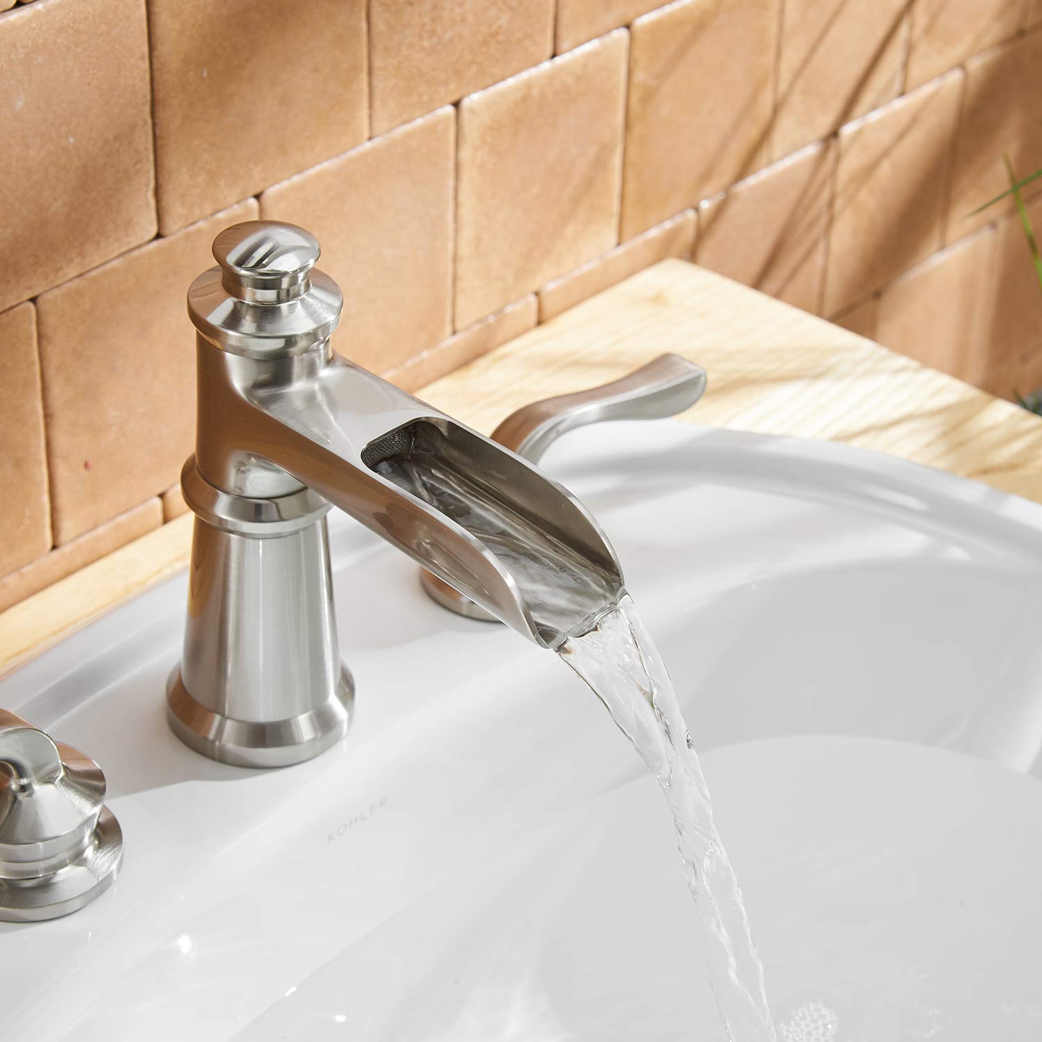 Brushed Nickel Waterfall Widespread 2-Handle Bathroom Faucet