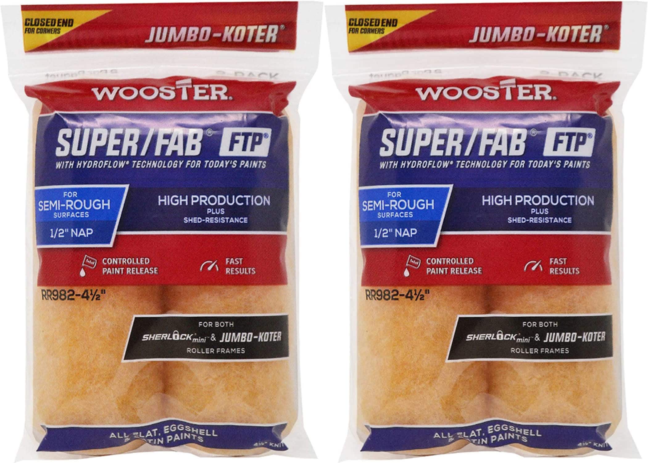 Wooster RR982-4.5-2PK 4.5in Jumbo-Koter Super/Fab FTP 1/2in Nap Closed-End 2 Sets Of 2-Pack Roller Cover # RR982-4.5-2PK