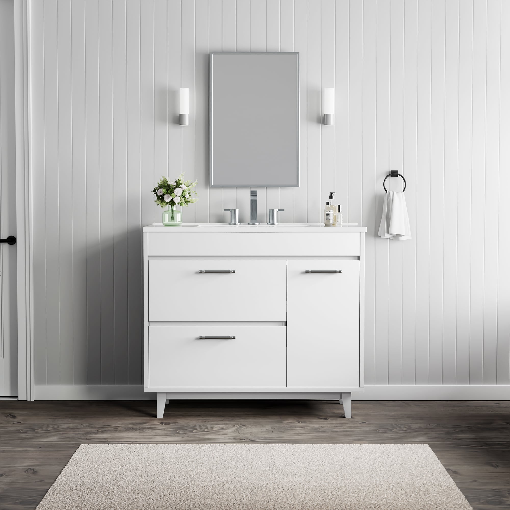 JEAREY Easy installation 37-in White Undermount Single Sink Bathroom Vanity with White Polymarble Top