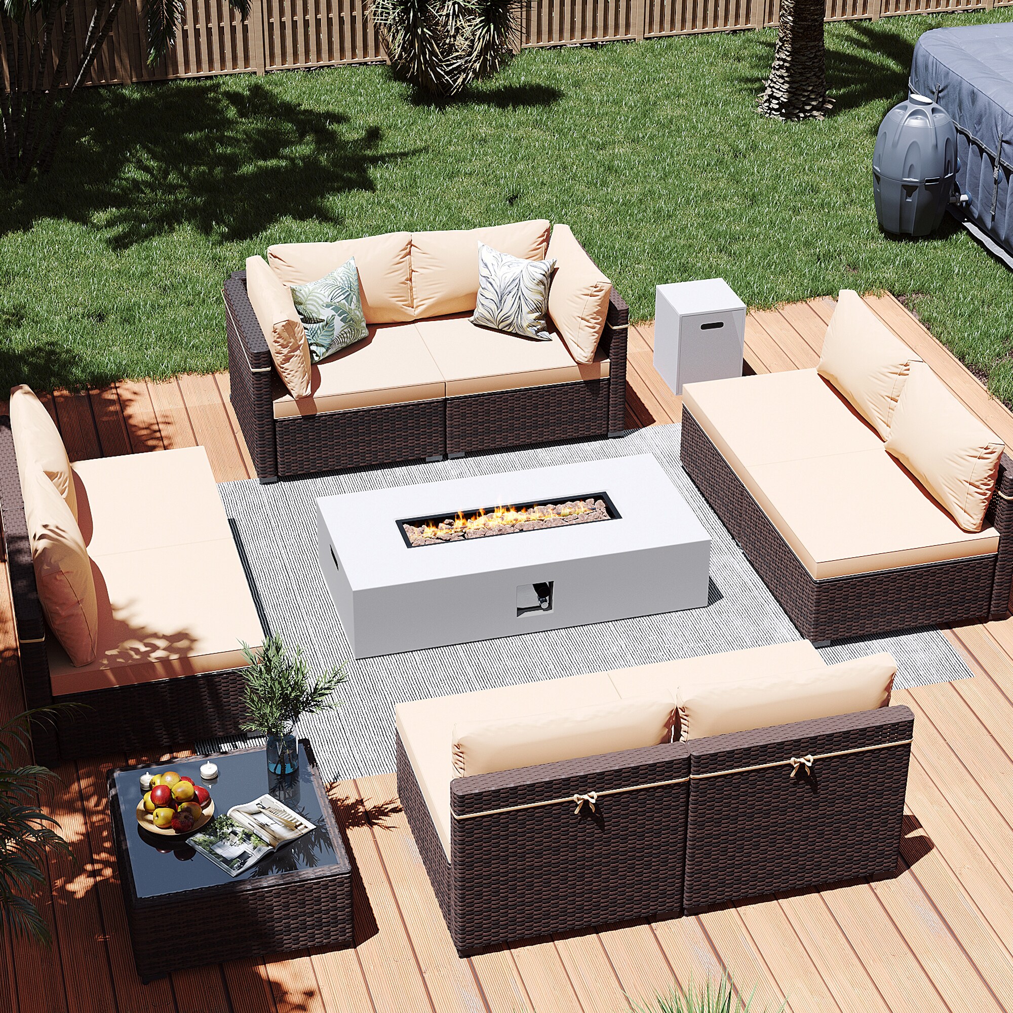 Patio Watcher LS-RT9-KD56WH-B1 10 -Piece Rattan Patio Conversation Set with Beige Cushions