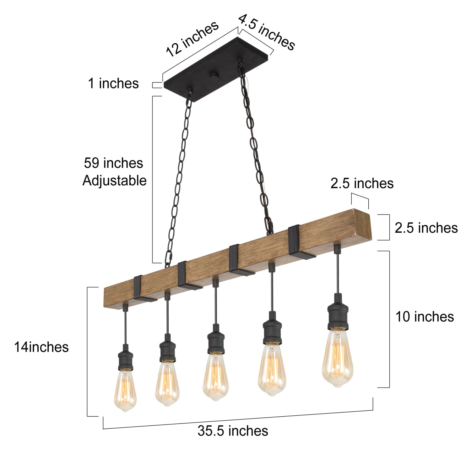 LNC Sabrina 5-Light Matte Black and Brown Wood Bare Bulb Farmhouse ...