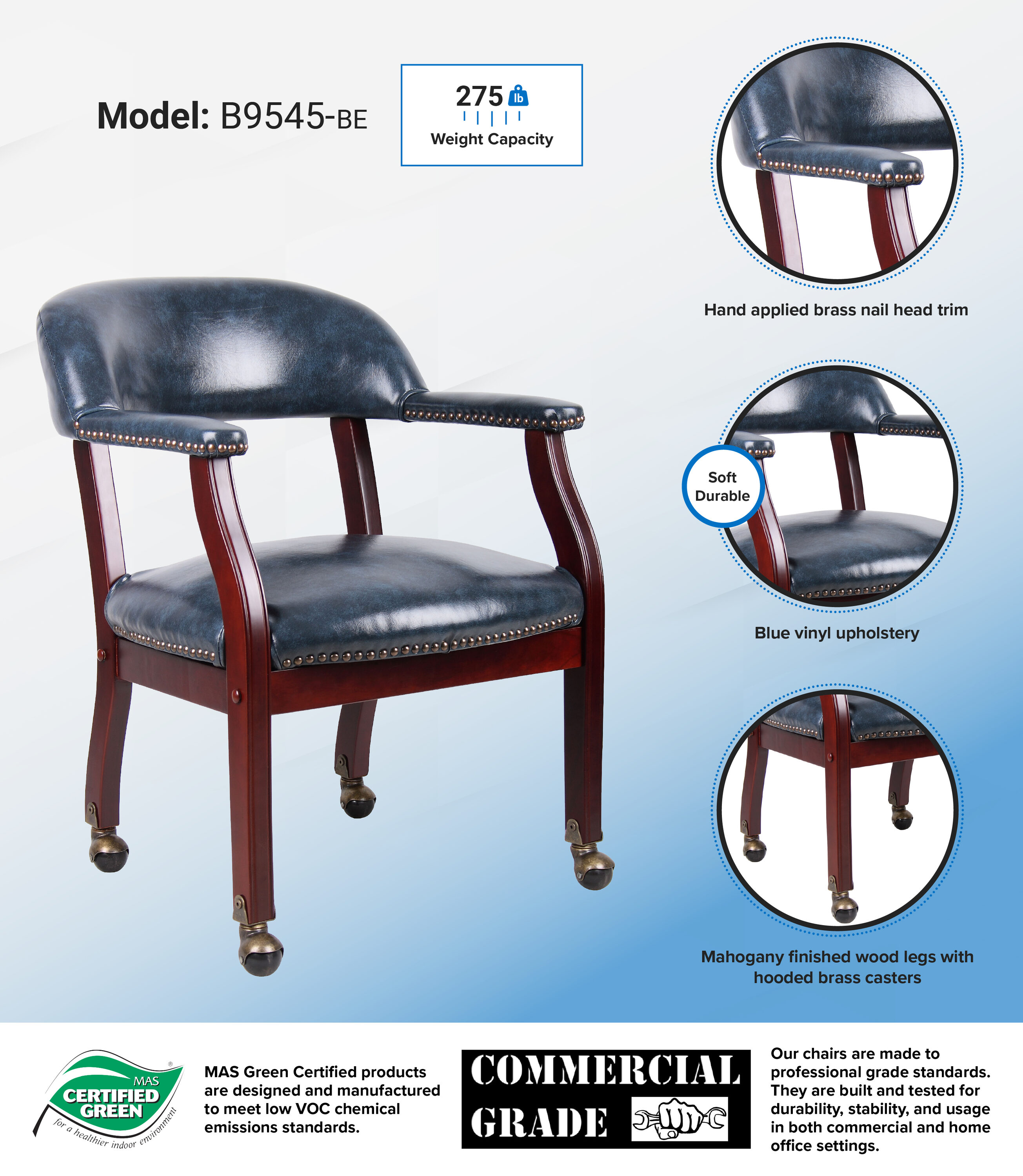 Mahogany Wood Base Blue Vinyl Swivel Reception Chair with Casters