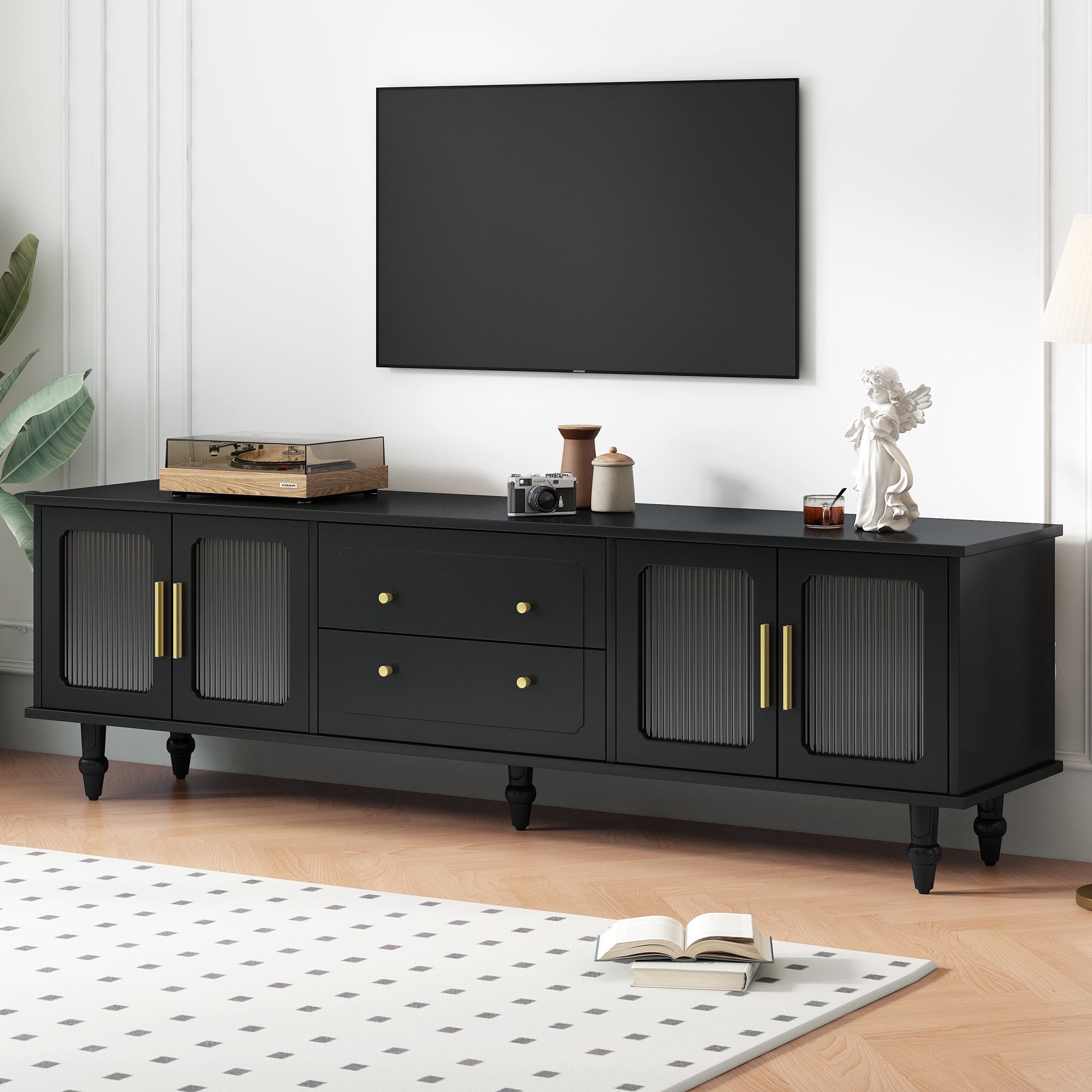 ModernLuxe WF325997AAB Retro Design TV Stand with Fluted Glass Doors for TVs Up to 78inch Practical Media Console with 2 Drawers and Cabinets Elegant Entertainment Center for Living Room Black