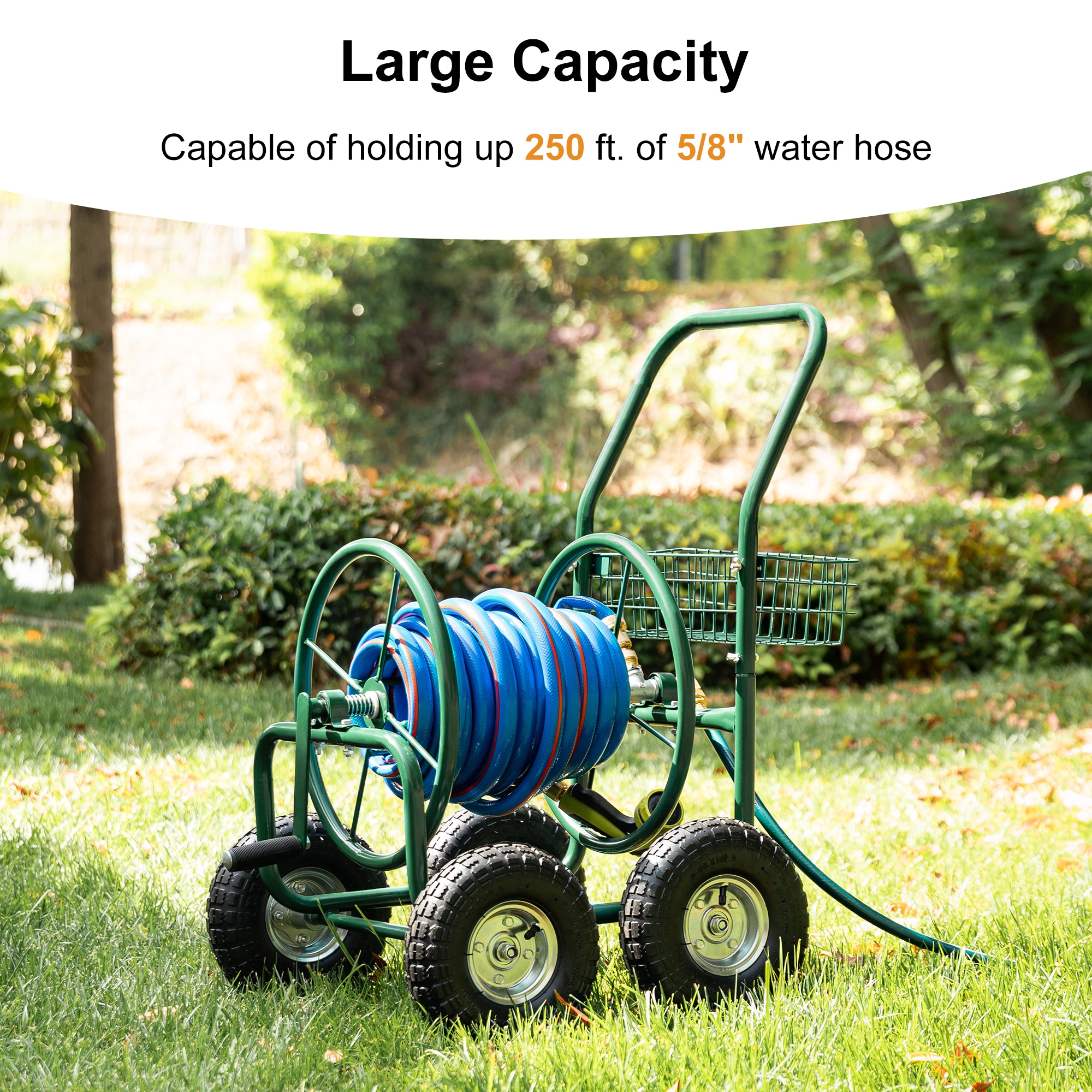 Glitzhome Portable Steel-Painted Green Garden Hose Reel Cart, Fits 5/8-in  Hose, Manual Operation, 250ft Capacity, Plastic Reel Material