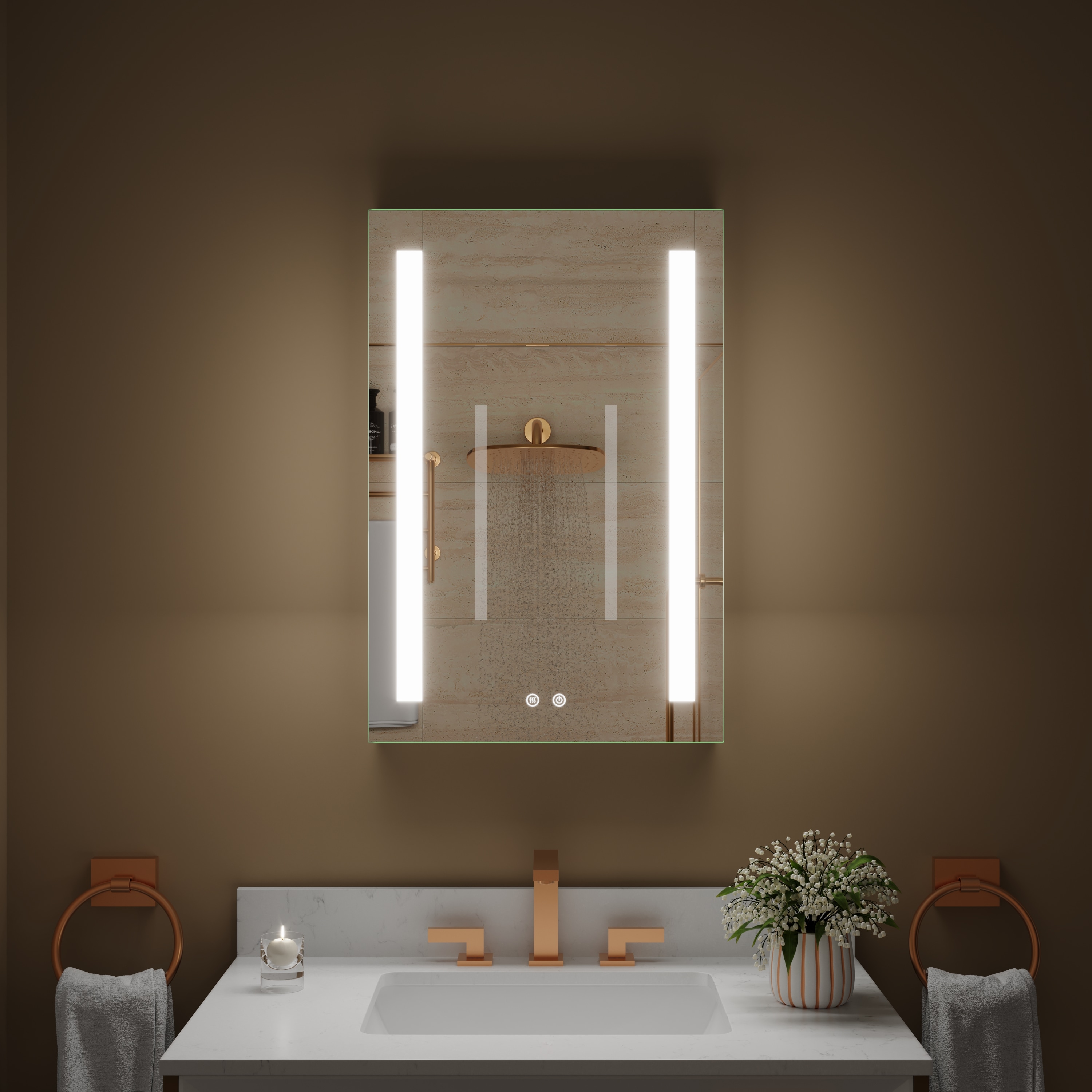 CALVON CLW42030L VIVI LED Medicine Cabinet 20-in x 30-in Lighted LED Fog Free Surface/Recessed Mount Silver Mirrored Rectangle Soft Close Medicine Cabinet with Outlet