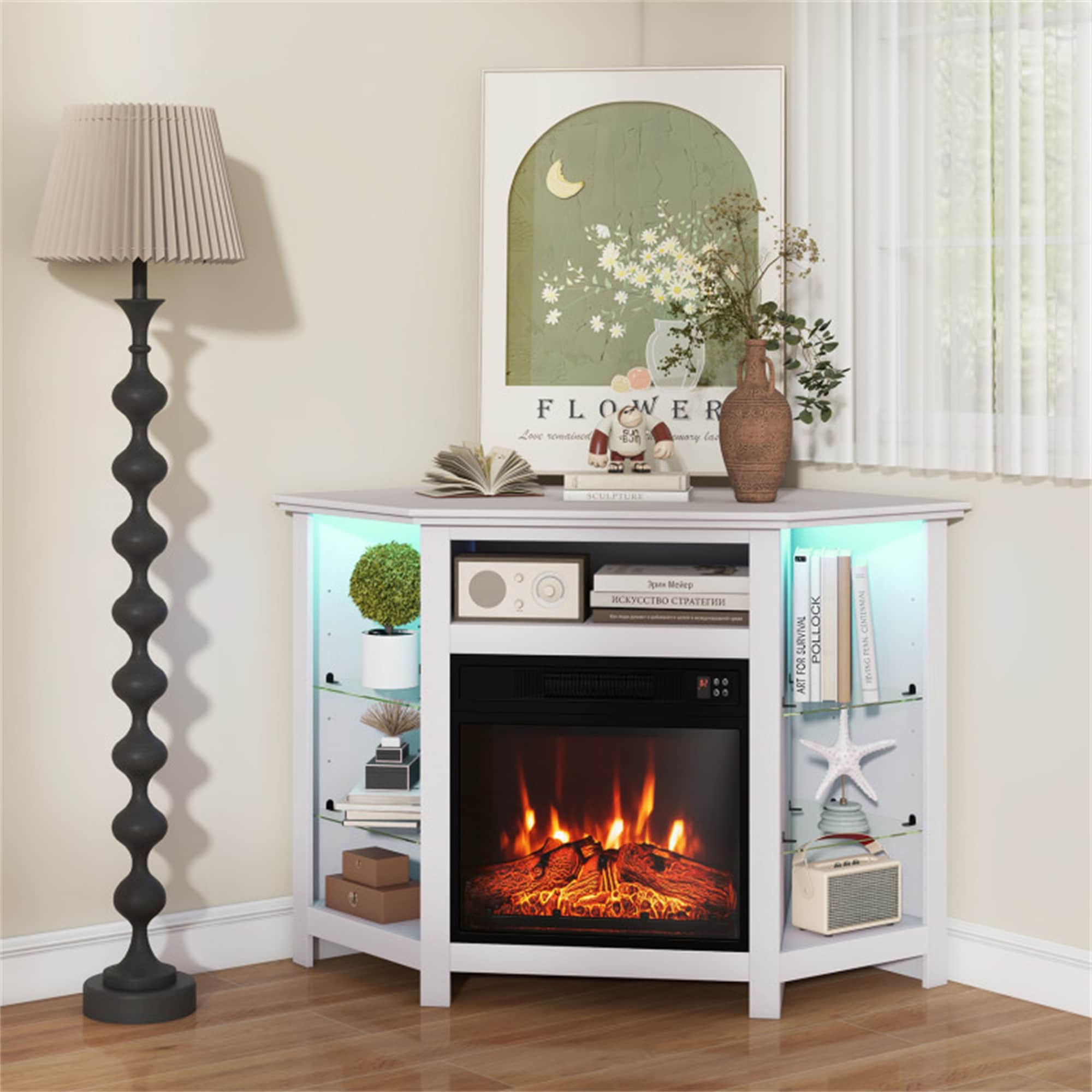 BABOOM BOM-P152177-OR 45-Inches W White TV Stand with Fan-forced Corner or flat wall Electric Fireplace with Remote Control Included