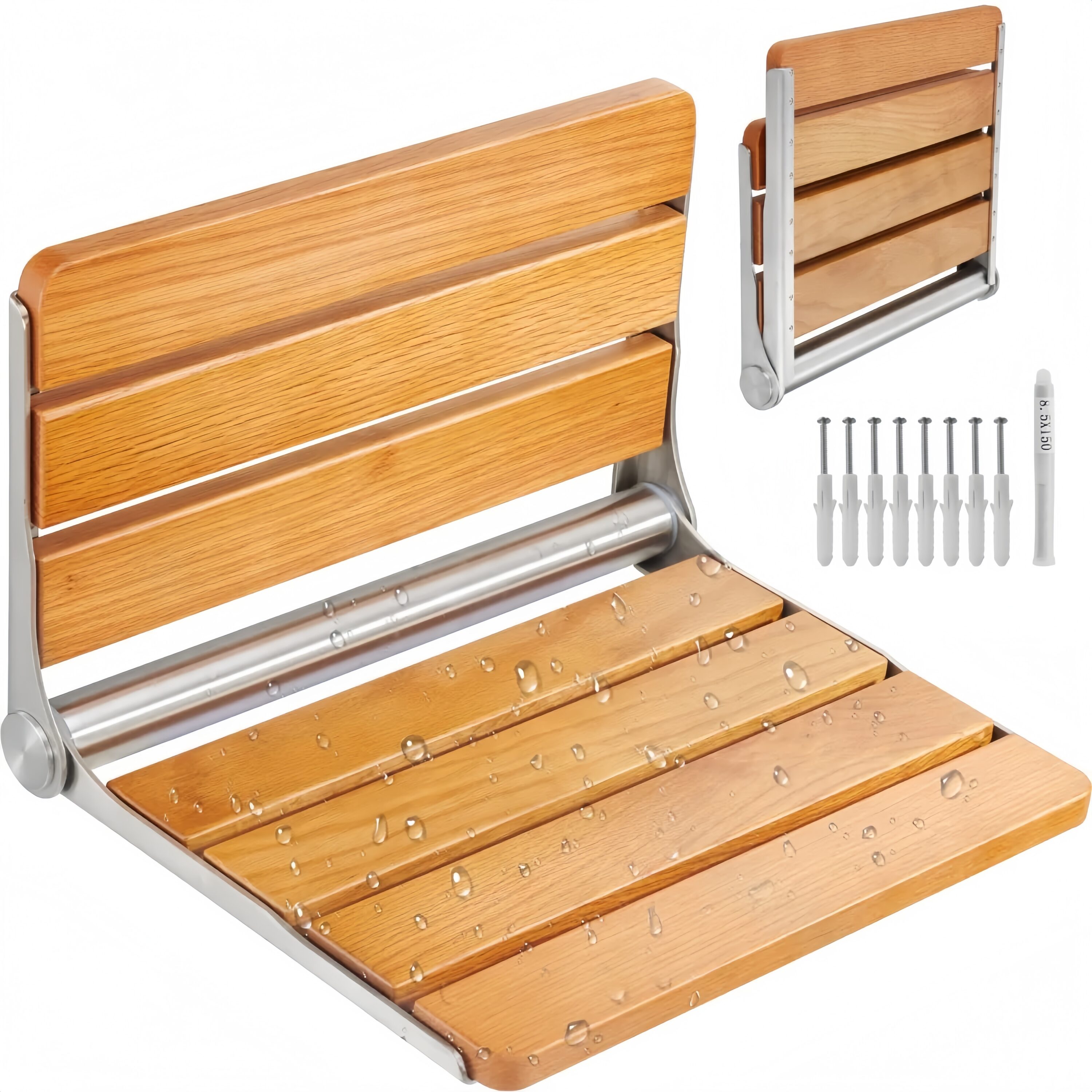 Numhew 16.1in W 1-Folding Oak Wall Mounted Shower Seat Natural Finish Shower Bench