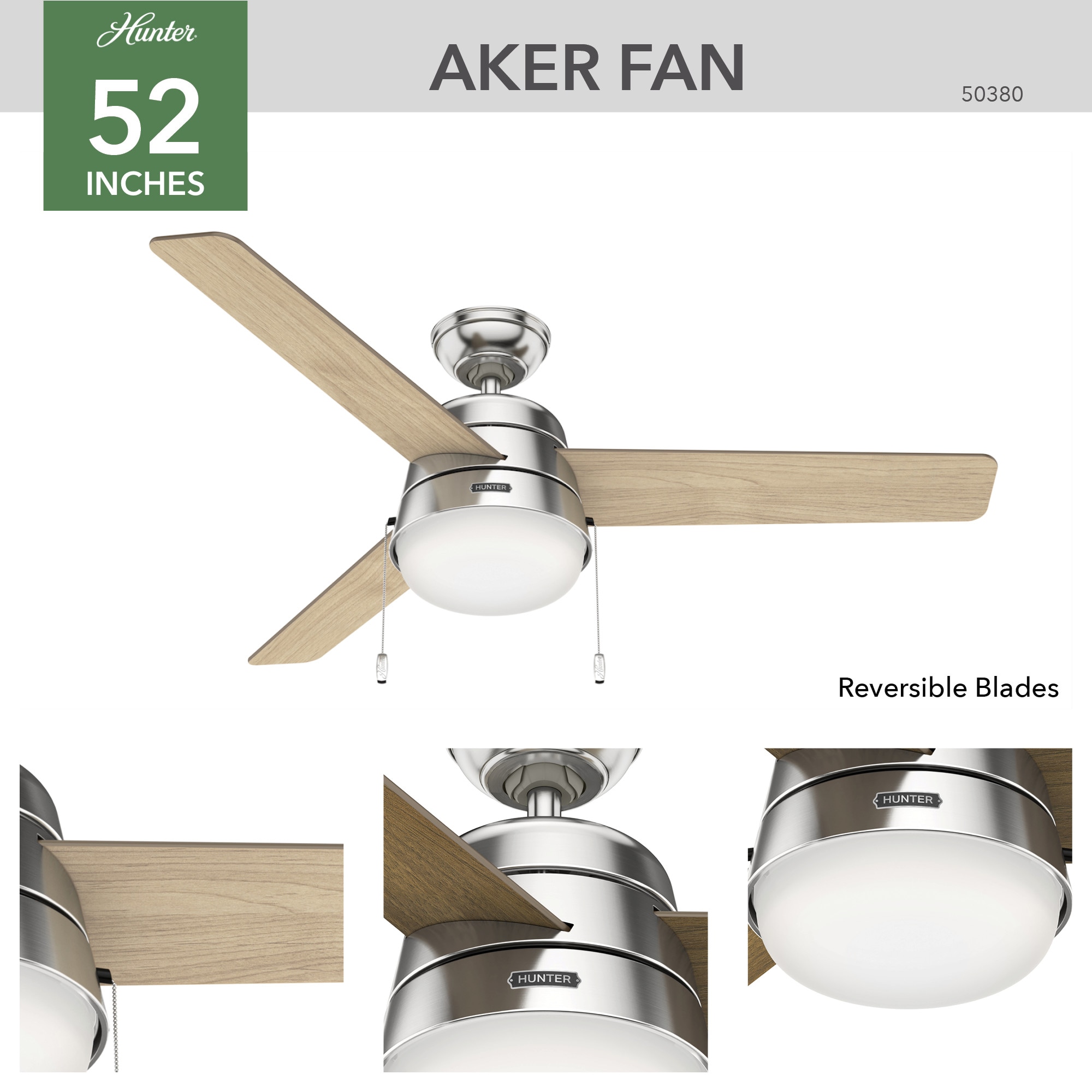 52'' Brushed Nickel Ceiling Fan with LED Light and Reversible Blades