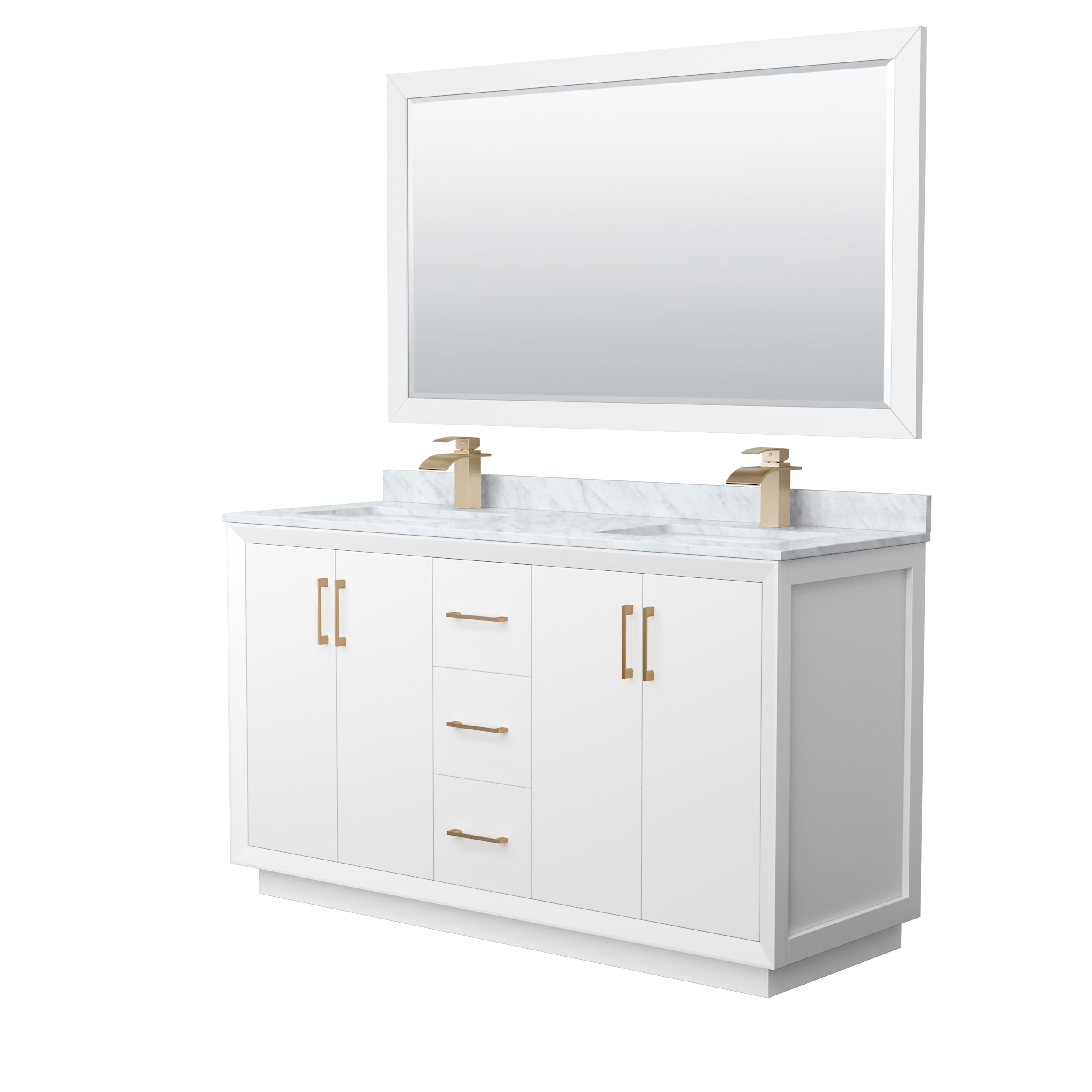 Wyndham Collection WCF414160DWZCMUNSM58 Strada 60-in White with Satin Bronze Trim Undermount Double sink Bathroom Vanity with White Carrara marble Natural marble Top (Mirror Included)