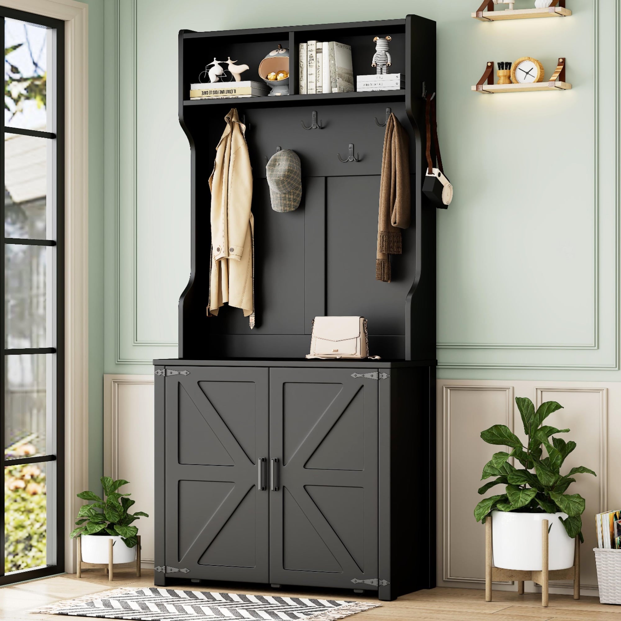 Zeus & Ruta 724HATREE-32 Modern 35.4-in Black Wood Hall Tree