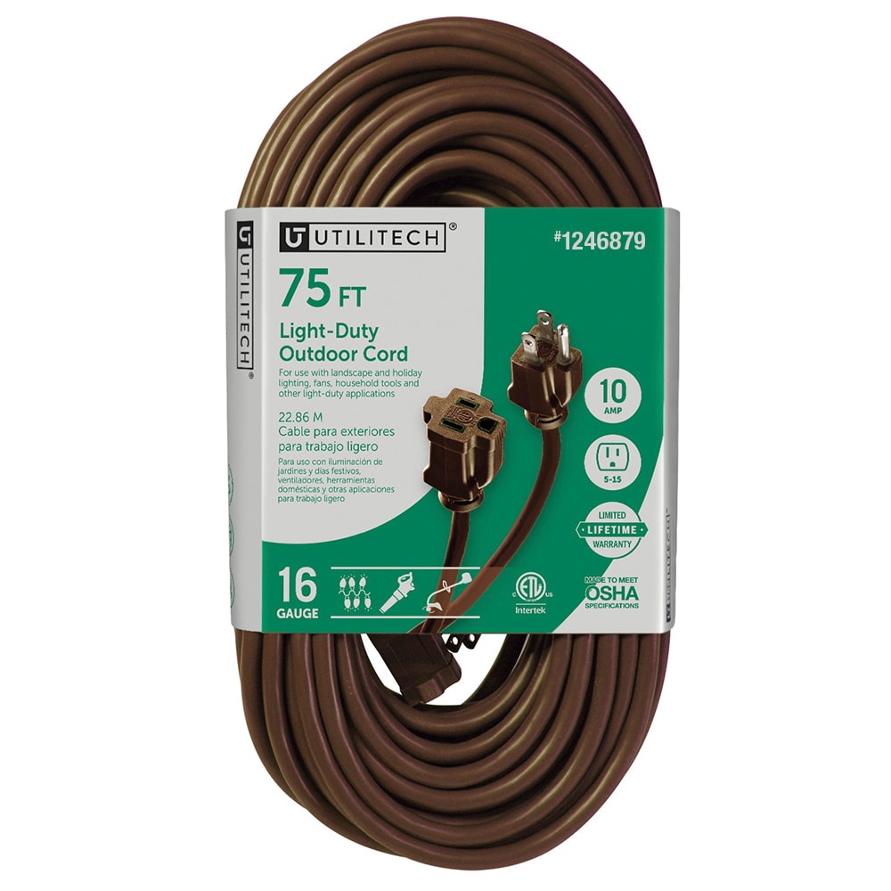Utilitech 75-ft 16 / 3 Light Duty 3 Prong Brown Indoor/Outdoor Extension Power Cord
