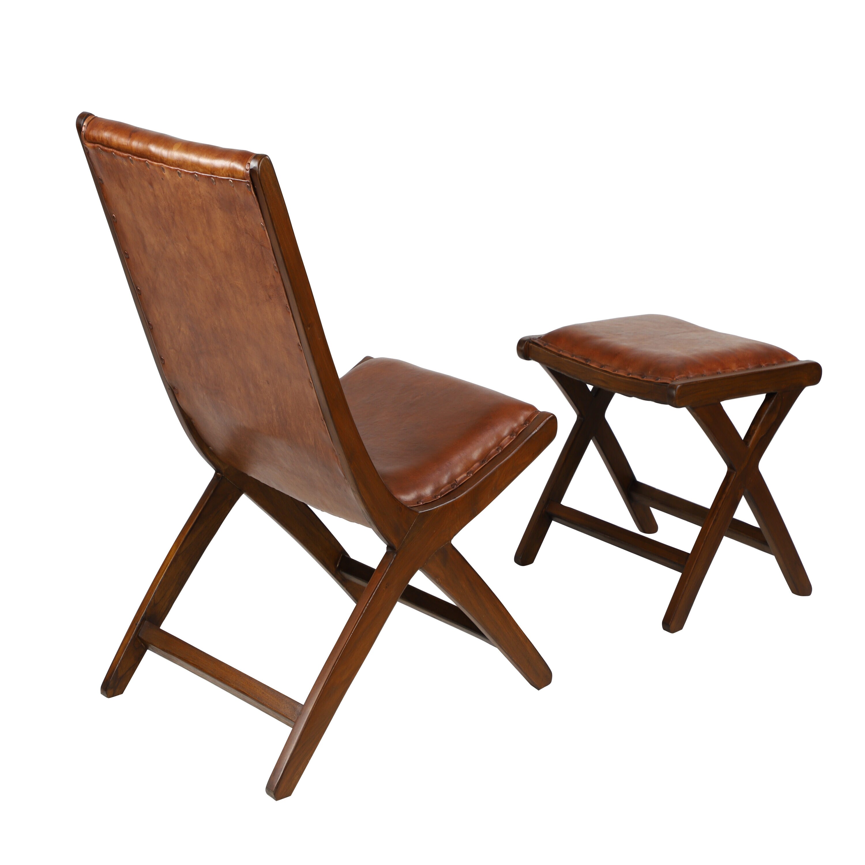 Set of 2 Brown Teak Wood Leather Accent Chairs with Ottoman