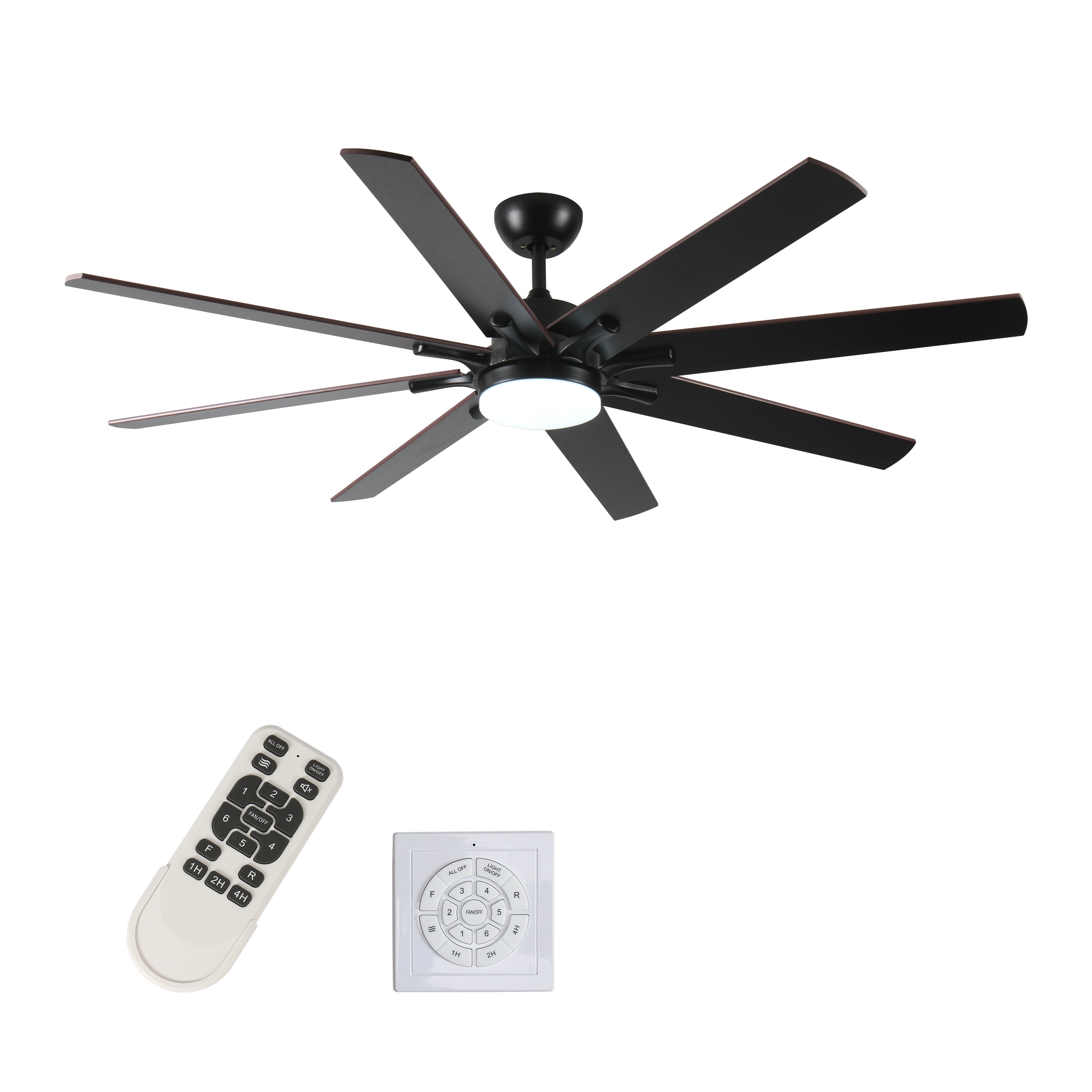 WELLFOR GYH52-1044-5BK 72-in Black with Black and Dark Walnut Blades Ceiling Fan With Light - Remote Included ( 8 -Blade )