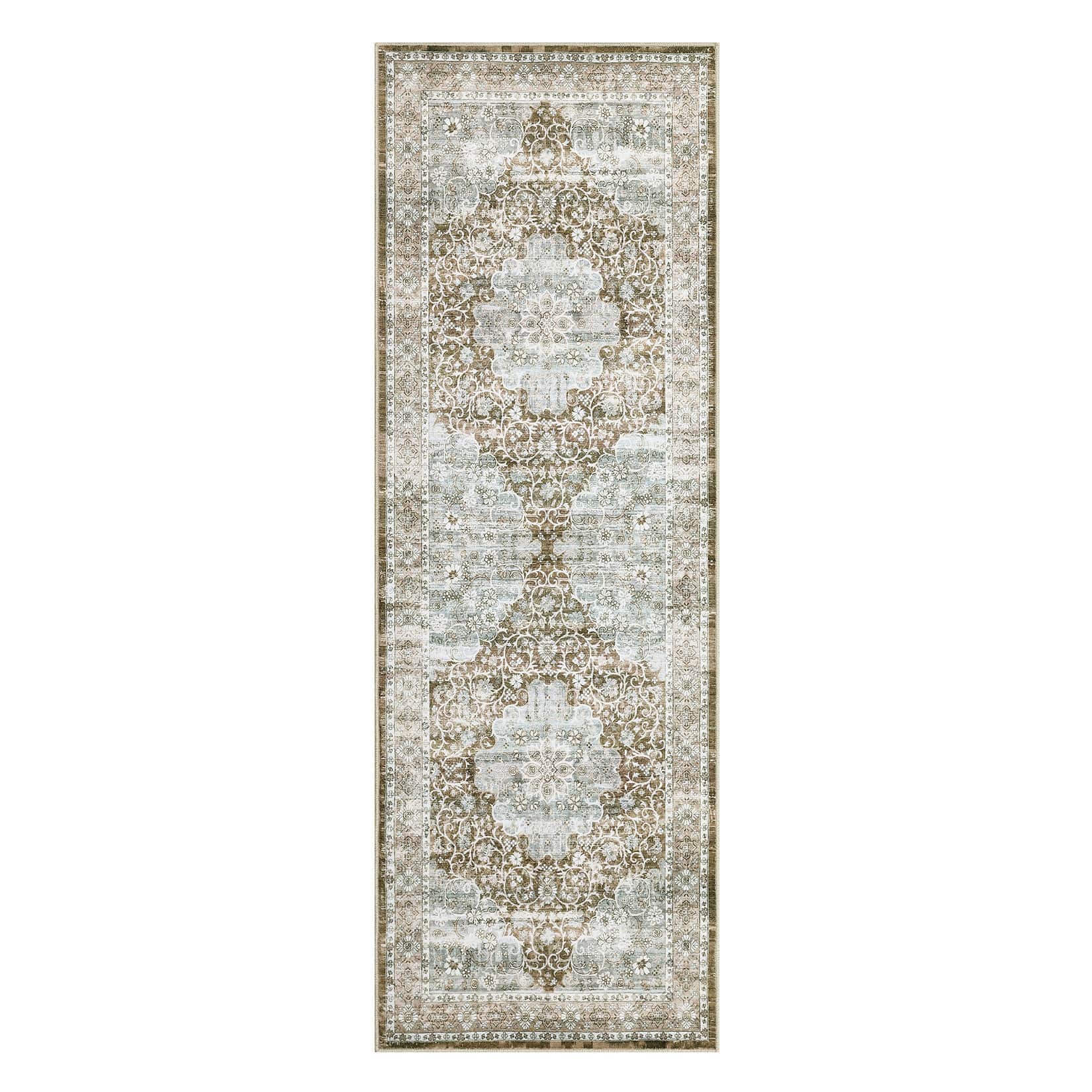 Qeetex LSN-PHO-16I7SXIM 2 x 6 ft Polyester Cashmere Khaki Rectangular Hallway Bathroom Entryway Kitchen Office Foldable Flower Printed Persian Washable Area Rug