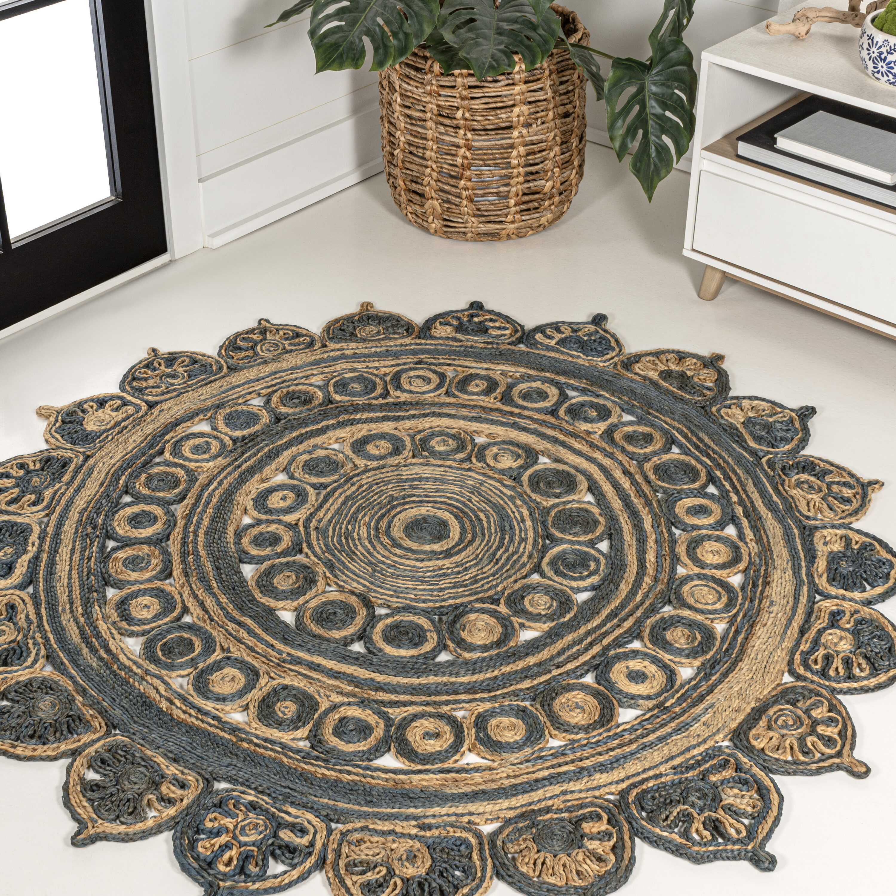 JONATHAN  Y RNF118A-4R ANSA Flora Medallion Contemporary 4 x 4 (ft) Braided Jute Blue/Natural Round Indoor Geometric Coastal Area rug