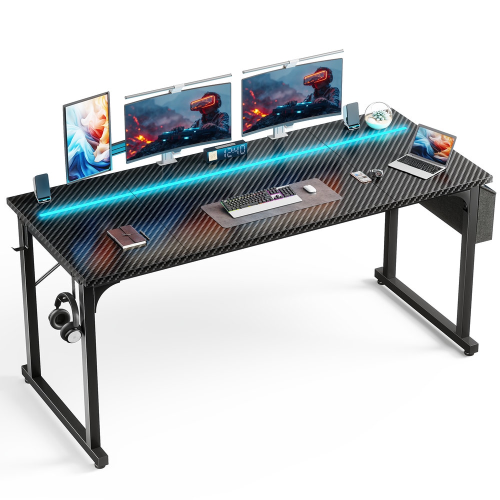 Raybee 63-in W Carbon Fiber Computer Desk with Waterproof LED Lights Gaming Desk with Headphone Hook and Side Pocket Home Office Writing Desk Black