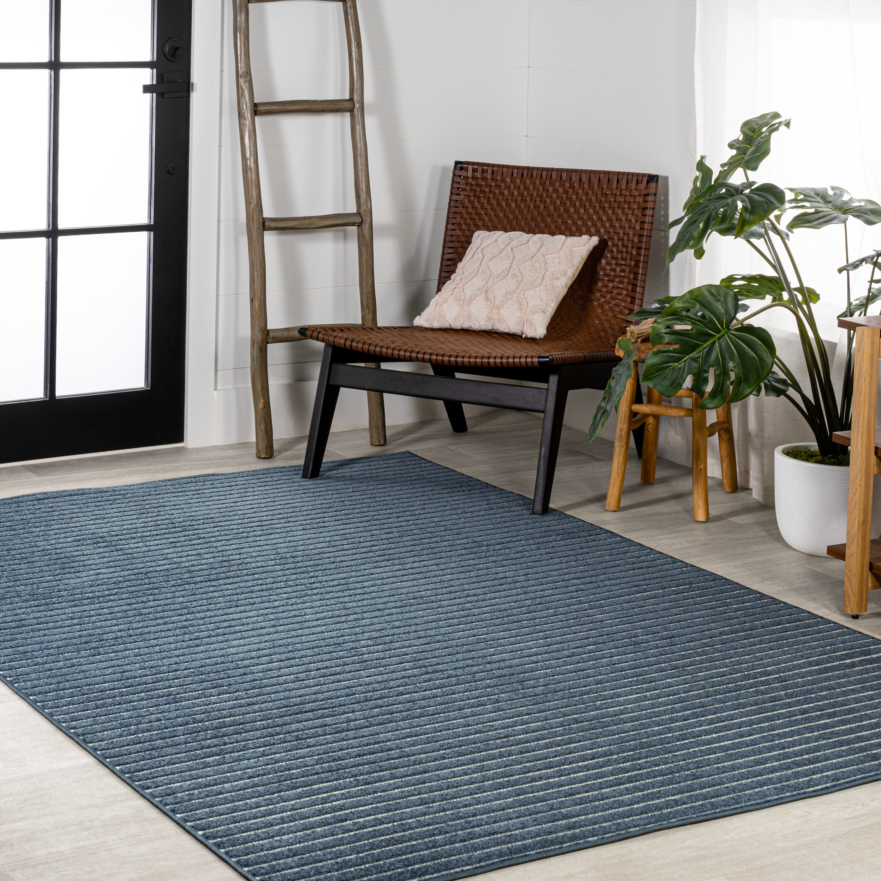 Ivory and Navy Striped Synthetic 4' x 6' Reversible Rug