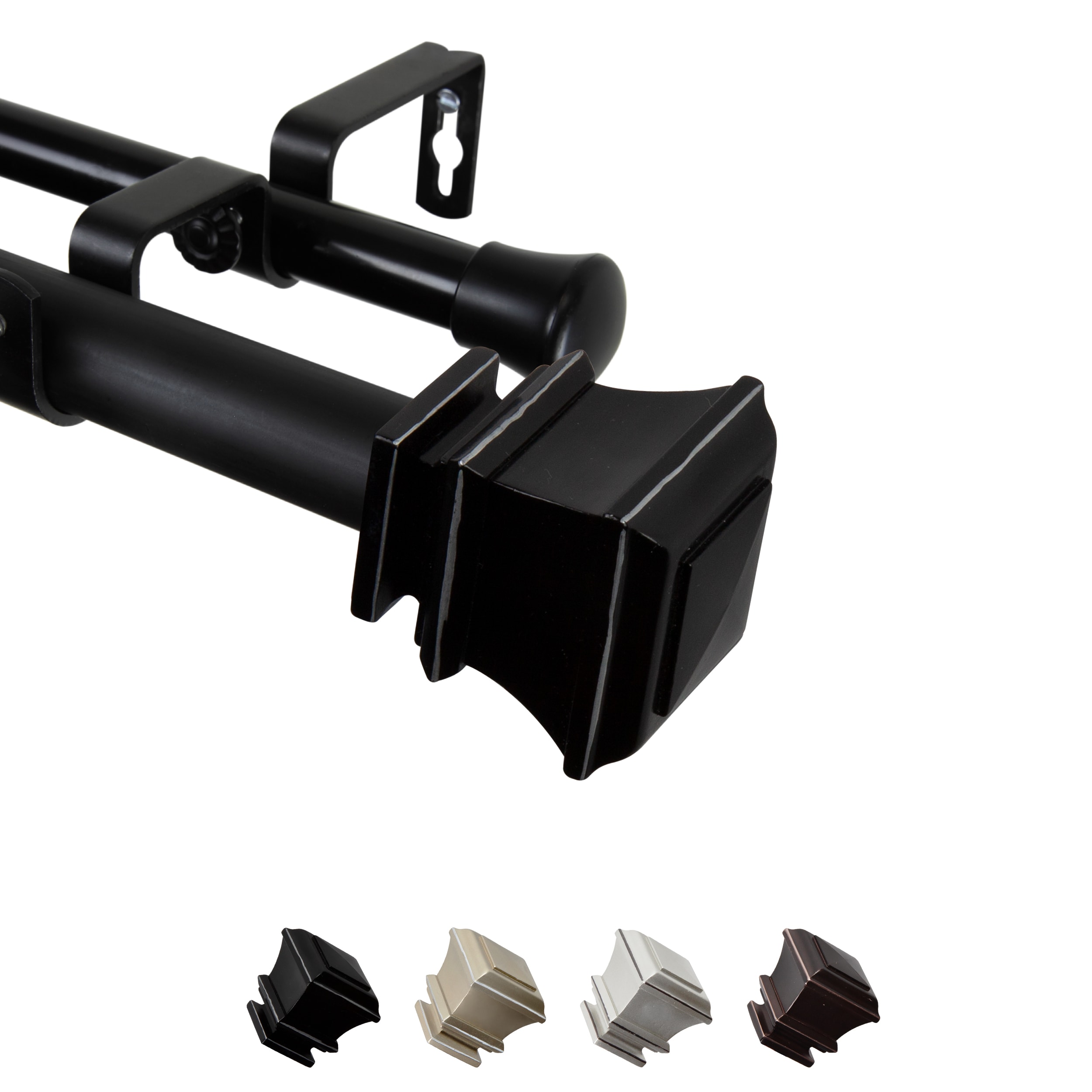 Hart & Harlow L-100-77-992-D Presley 1-in 120-in to 170-in Black Steel Double curtain rod with Finials