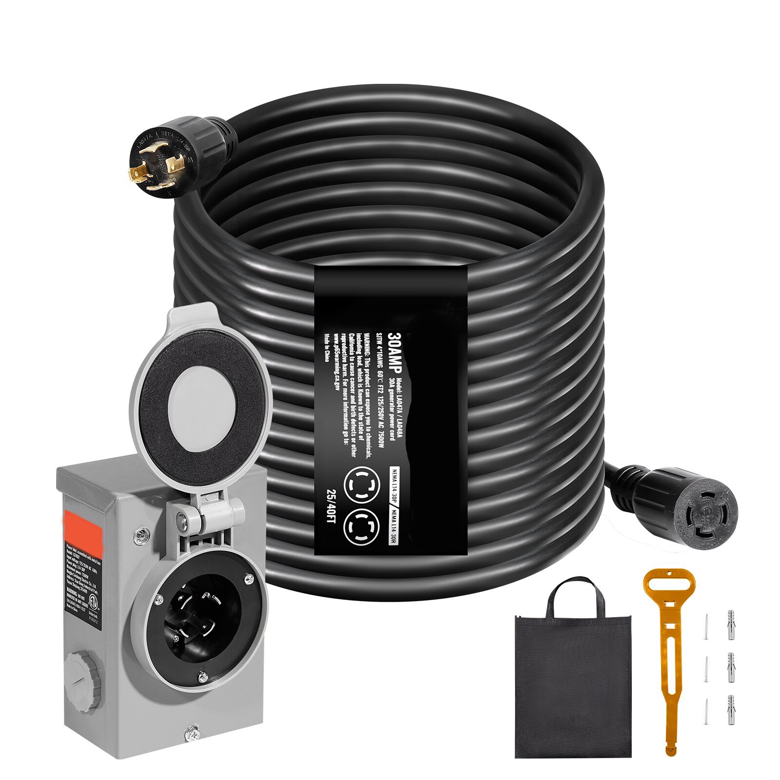 GIVIMO 40 ft 30 A 125 V 250 V STW 10 AWG Generator Cord and Power Inlet Box Kit with Twist Lock Connector