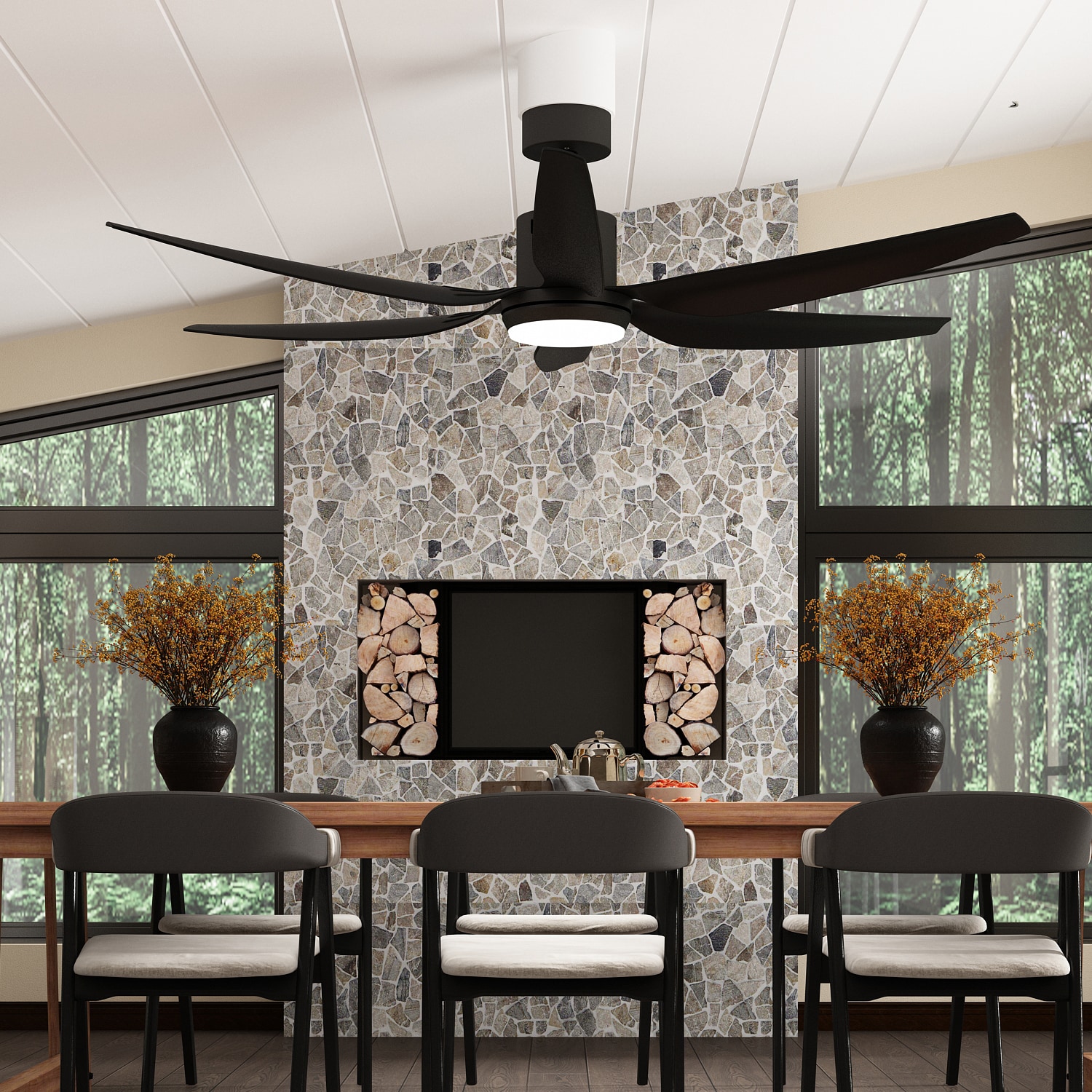 MIDHAM LJY-KF020377-01 66-in Color-Changing Outdoor White with Black Blades Ceiling Fan With Light - Remote Included ( 6 -Blade )
