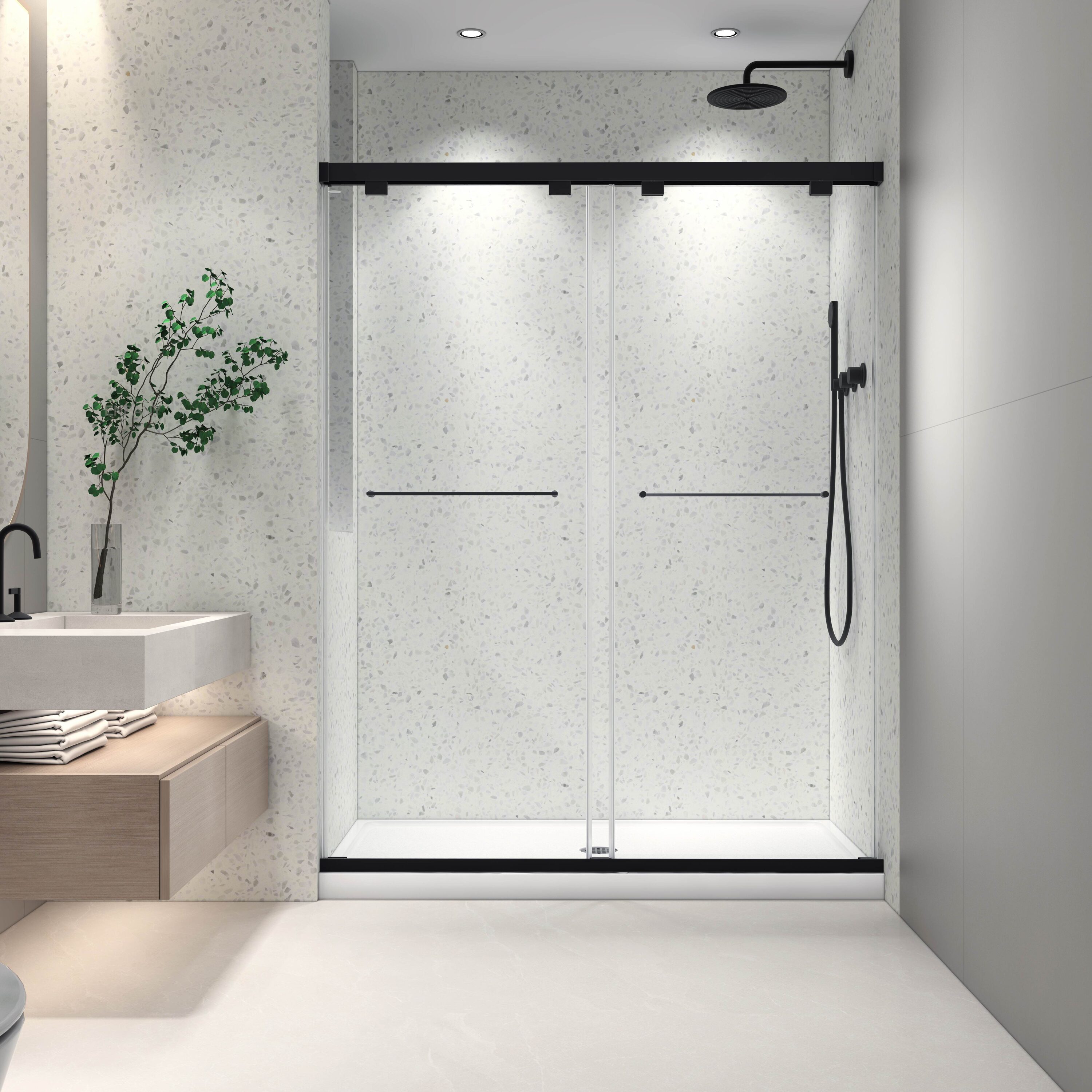 LOVMOR SF-H-W2517P280671 North American Frameless Double Sliding Matte Black Shower Door With Adjustable Soft Closing Function 8mm Tempered Glass With Nano Easy Cleaning And Stick Explosion-proof Menbrance