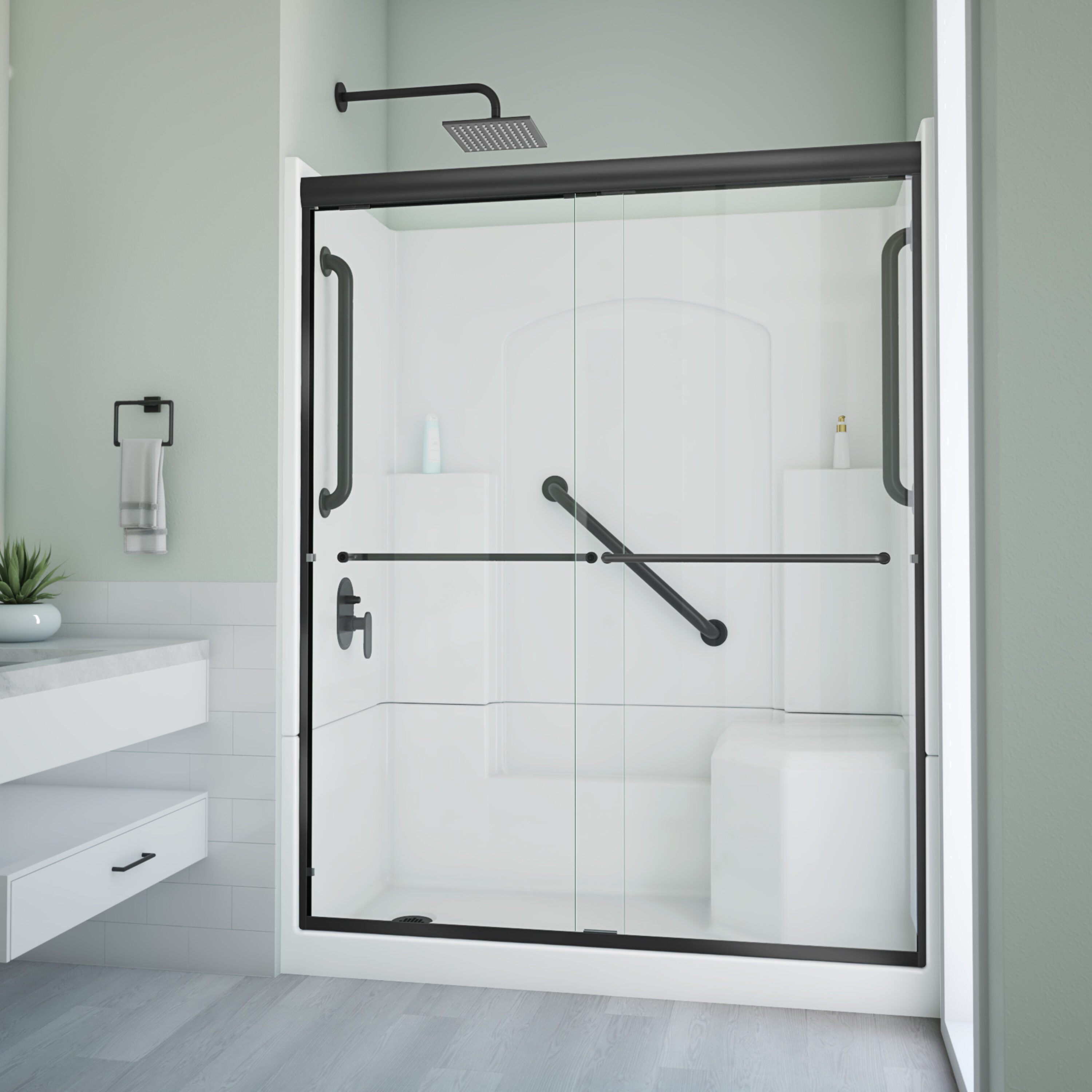 Laurel Mountain L3260SH1S4PRWM1 Ramer 5 -Piece 32-in W x 60-in L x 77-in H Rectangular Alcove shower kit ( Left Drain) with Integrated Seat Base, Wall, Door and Drain Included Black Hardware Included