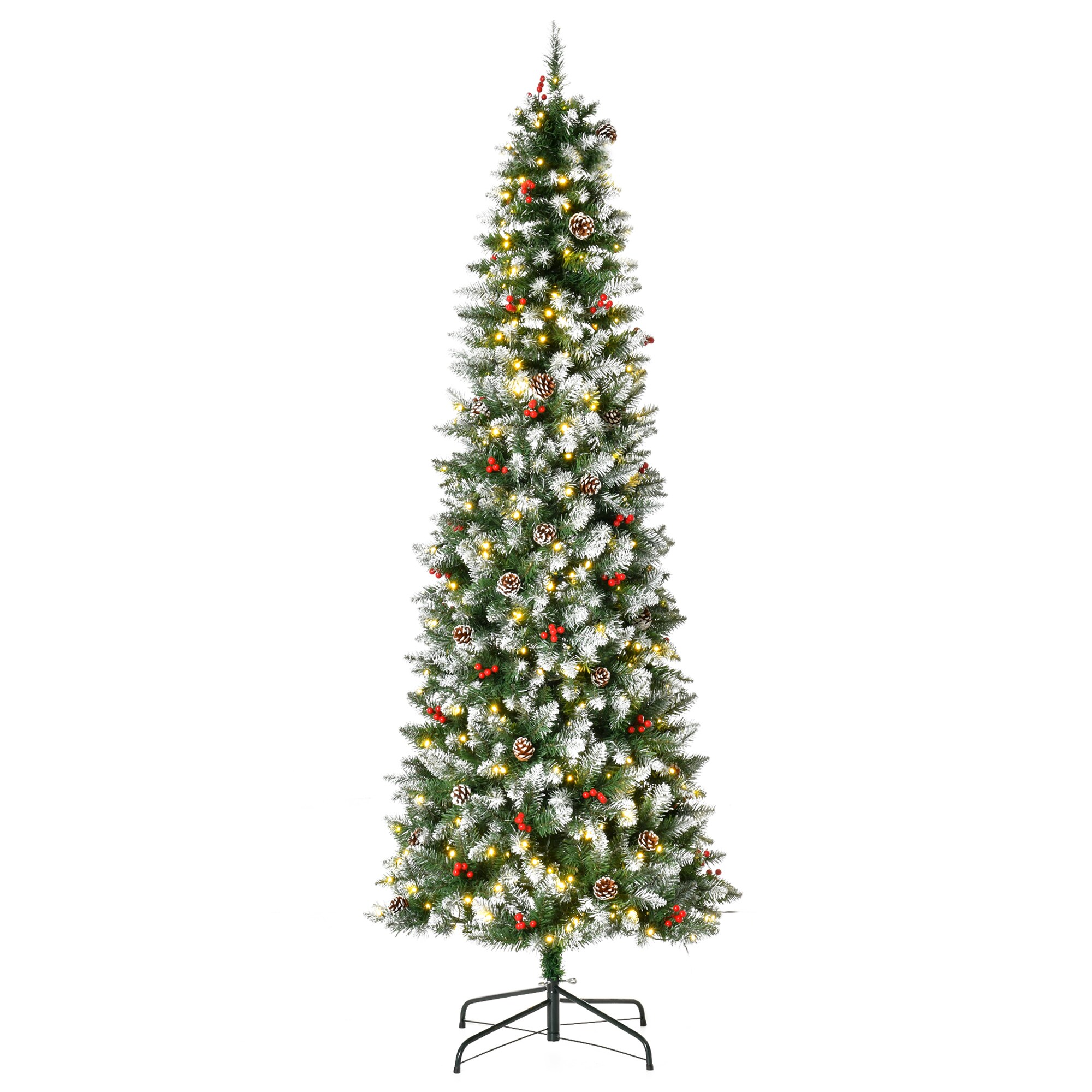 Tatayosi XH-229435 HOMCOM 7.5ft Pre-Lit Snow Dipped Artificial Christmas Tree with Realistic Branches 350 LED Lights Pine Cones Red Berries