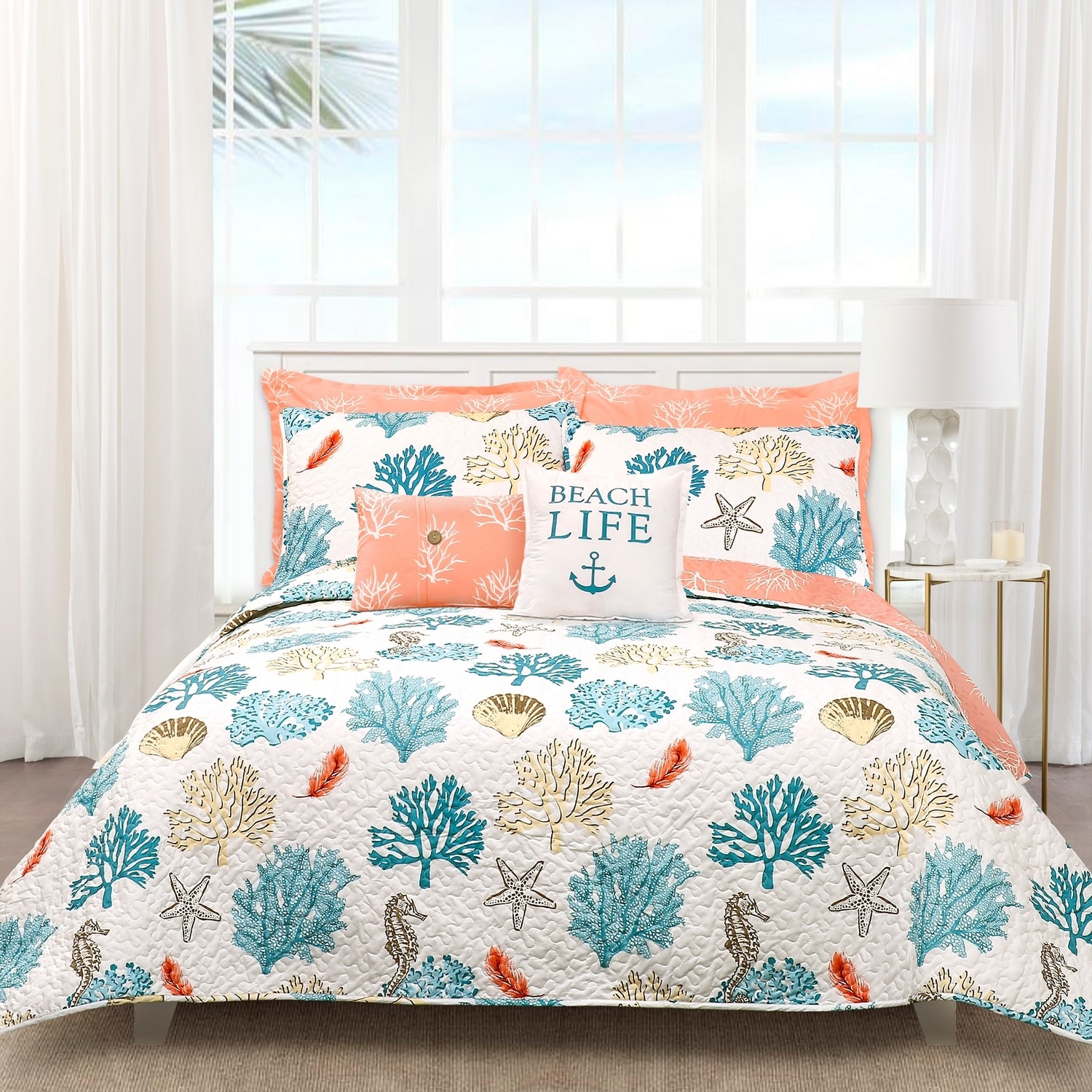 Coastal Reef White and Coral Microfiber Full Quilt Set