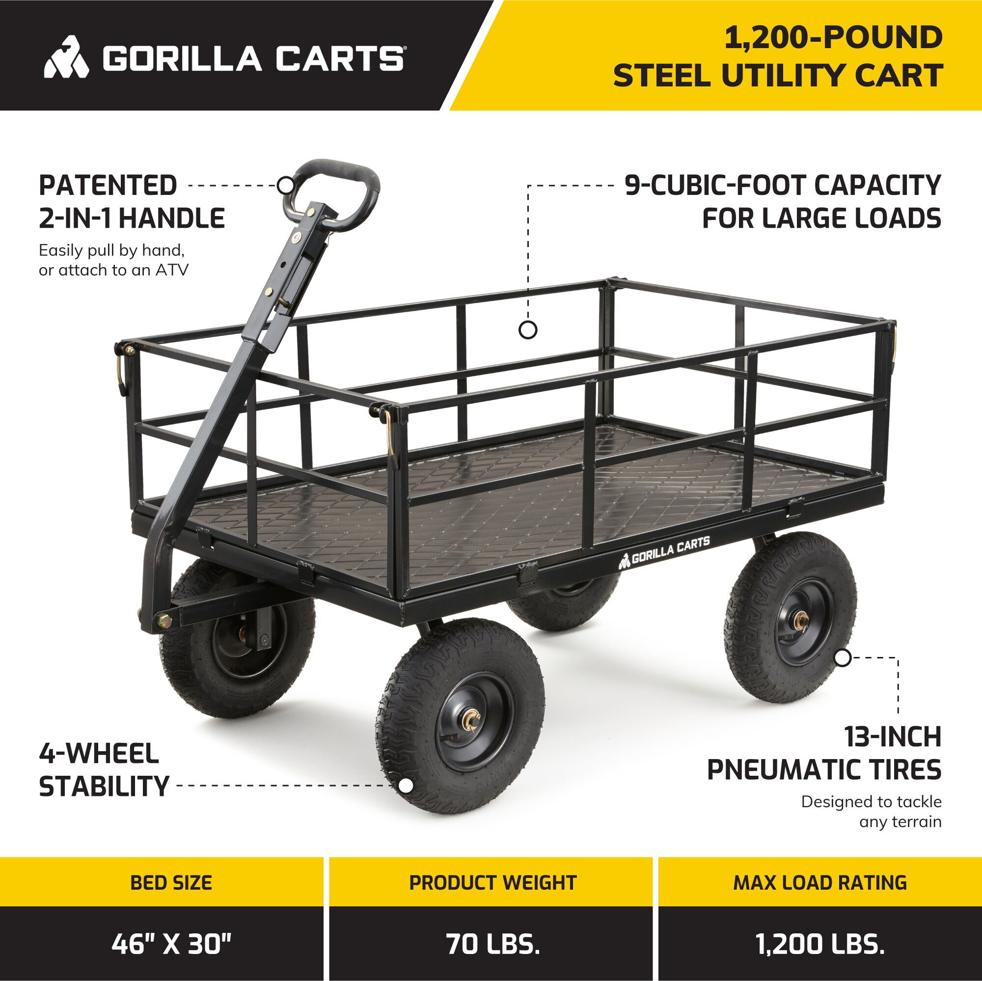 Gorilla Carts 1,200-lb Heavy Duty Steel Utility Cart