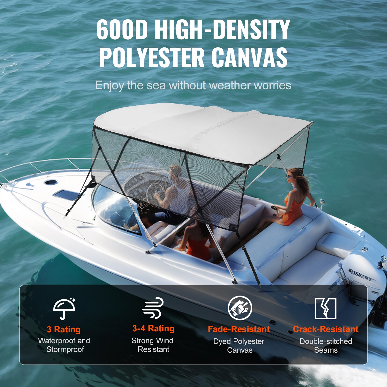 Marine Accessories 3 Bow Biminii Top Canvas Cover Roof Canopy Boot Cover  w/Frame 600D Waterproof Sunshade UV Protection for V-Hull Jon Boats (Color  