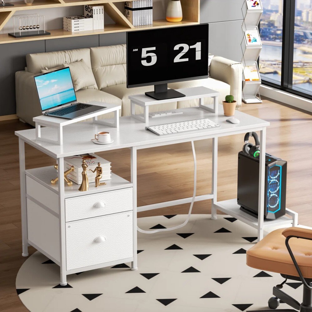 Furologee - 47 Inch Computer Desk with File Cabinet and Power Outlets Home Office Desk with 2 Mon...