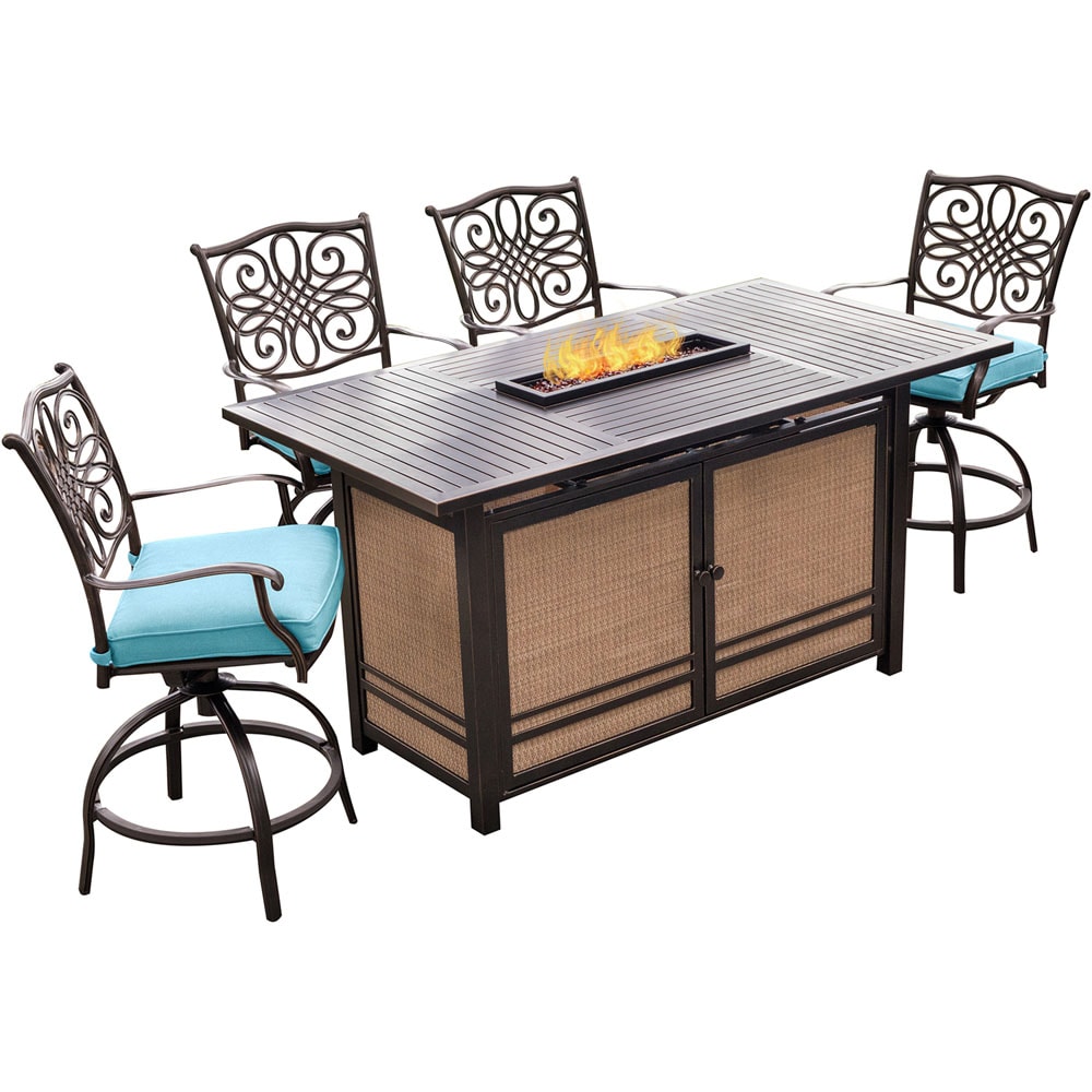 Hanover TRAD5PCFPBR-BLU Traditions 5-Piece Bronze Patio Dining Set Aluminum Rectangle Table with 4 Blue Cushions Swivel Chairs (Fire Pit Included)