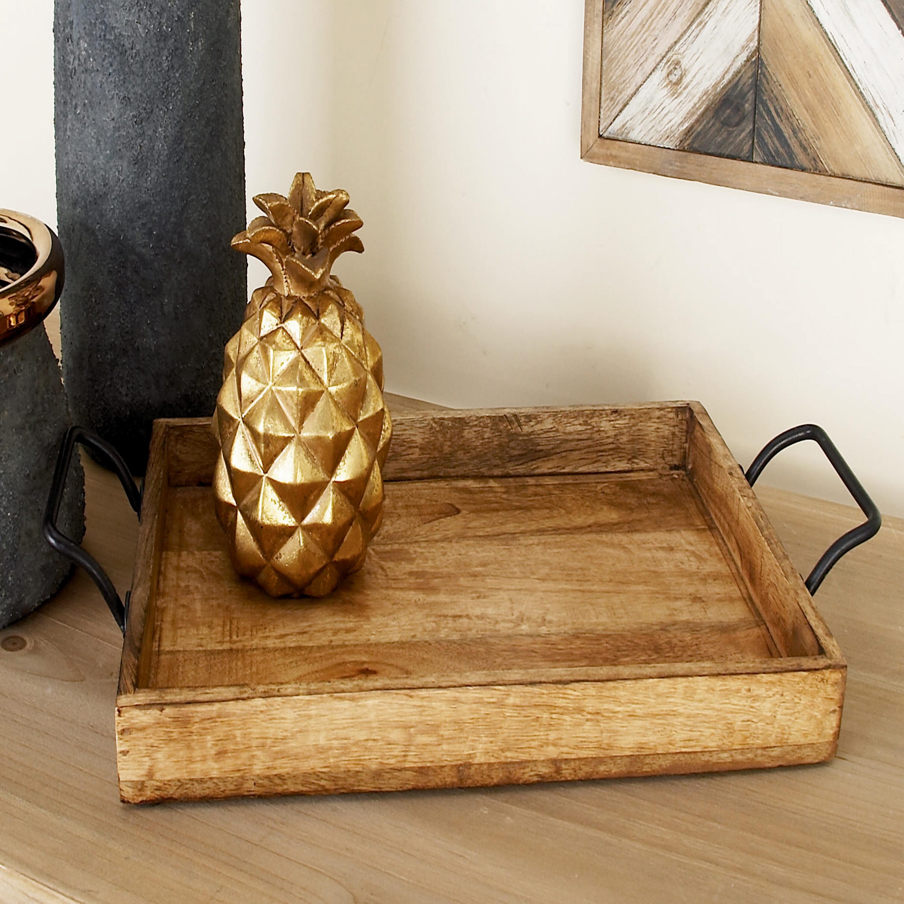 Rustic Brown Mango Wood Rectangular Tray Set with Slot Handles
