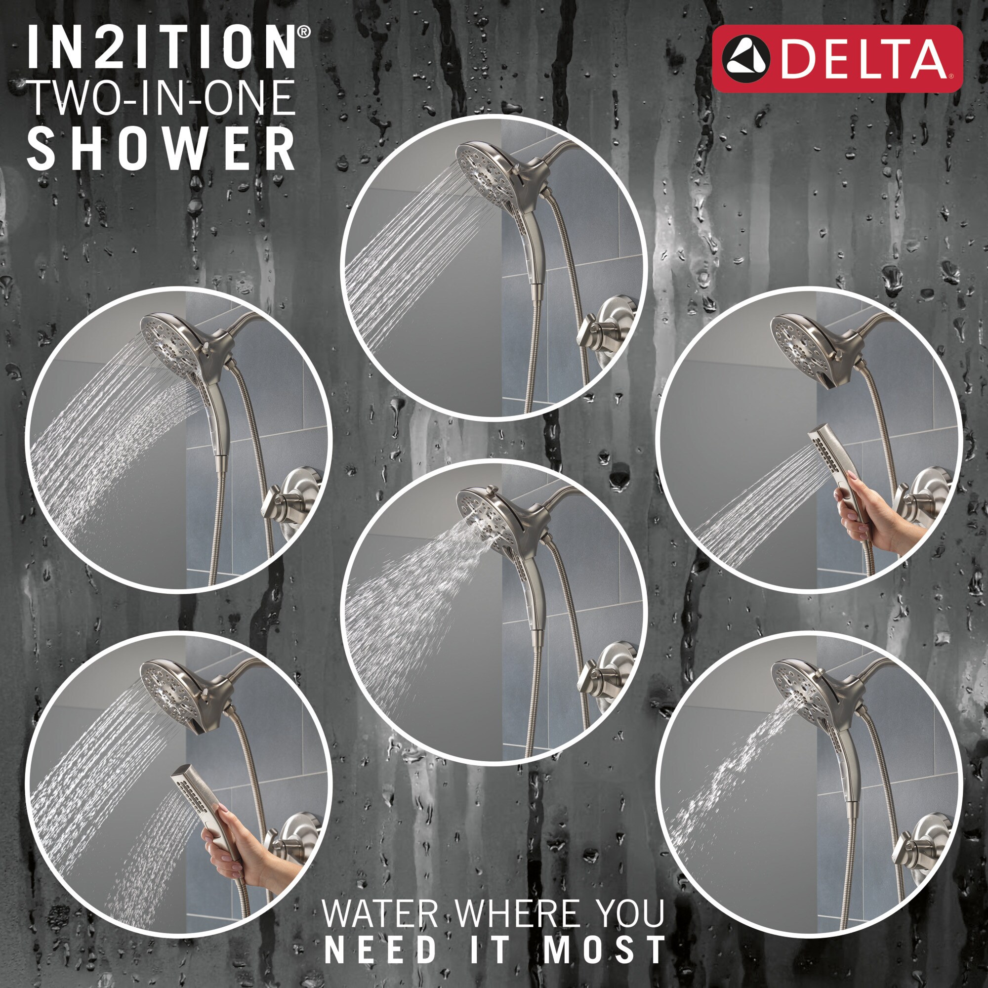 Delta Tetra Lumicoat Stainless 2 Handle Multi Function Round Shower