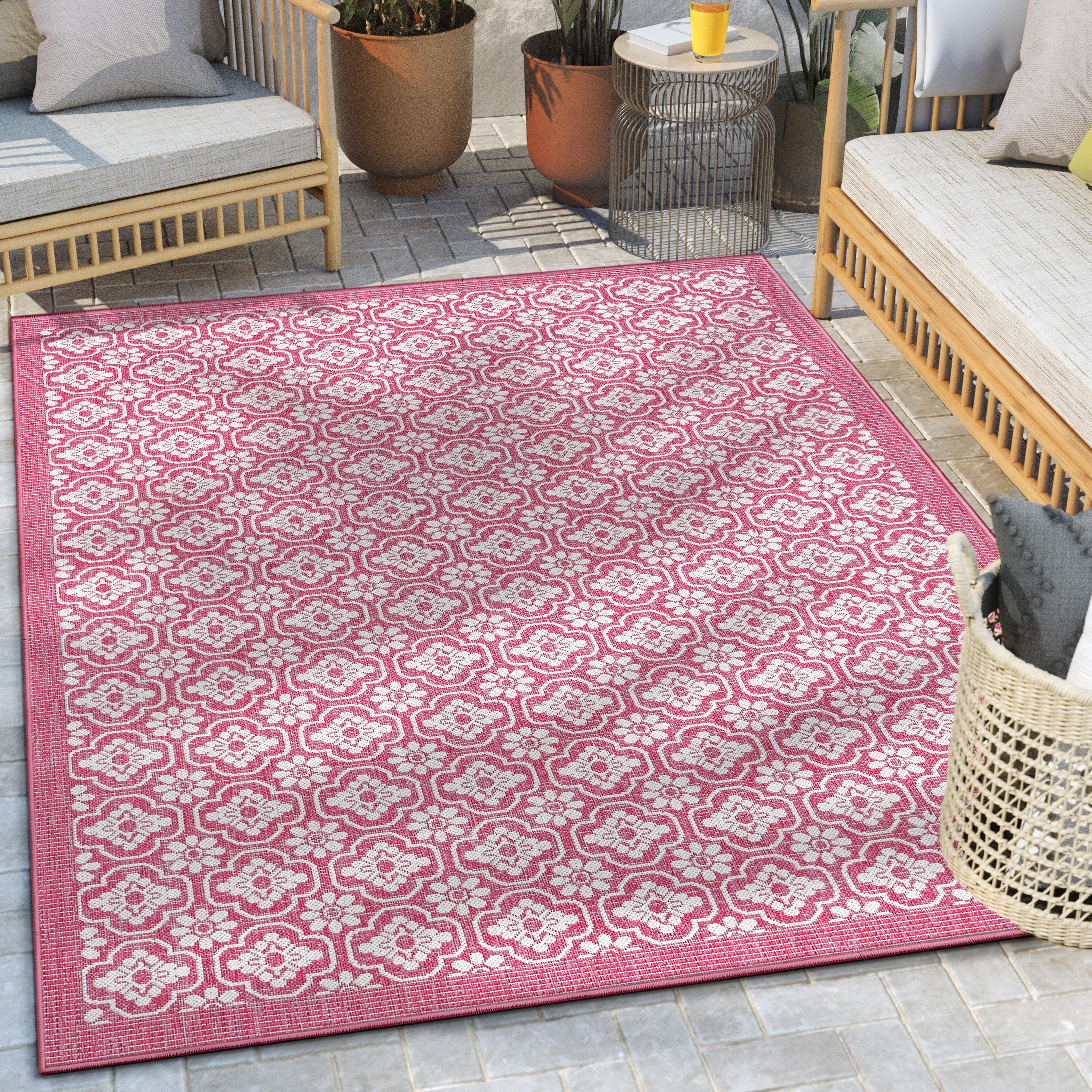 Well Woven MED-239-5 5 x 7 (ft) Flatweave Polypropylene Fuschia Rectangular Indoor/Outdoor Tribal Mid-Century Modern Area rug