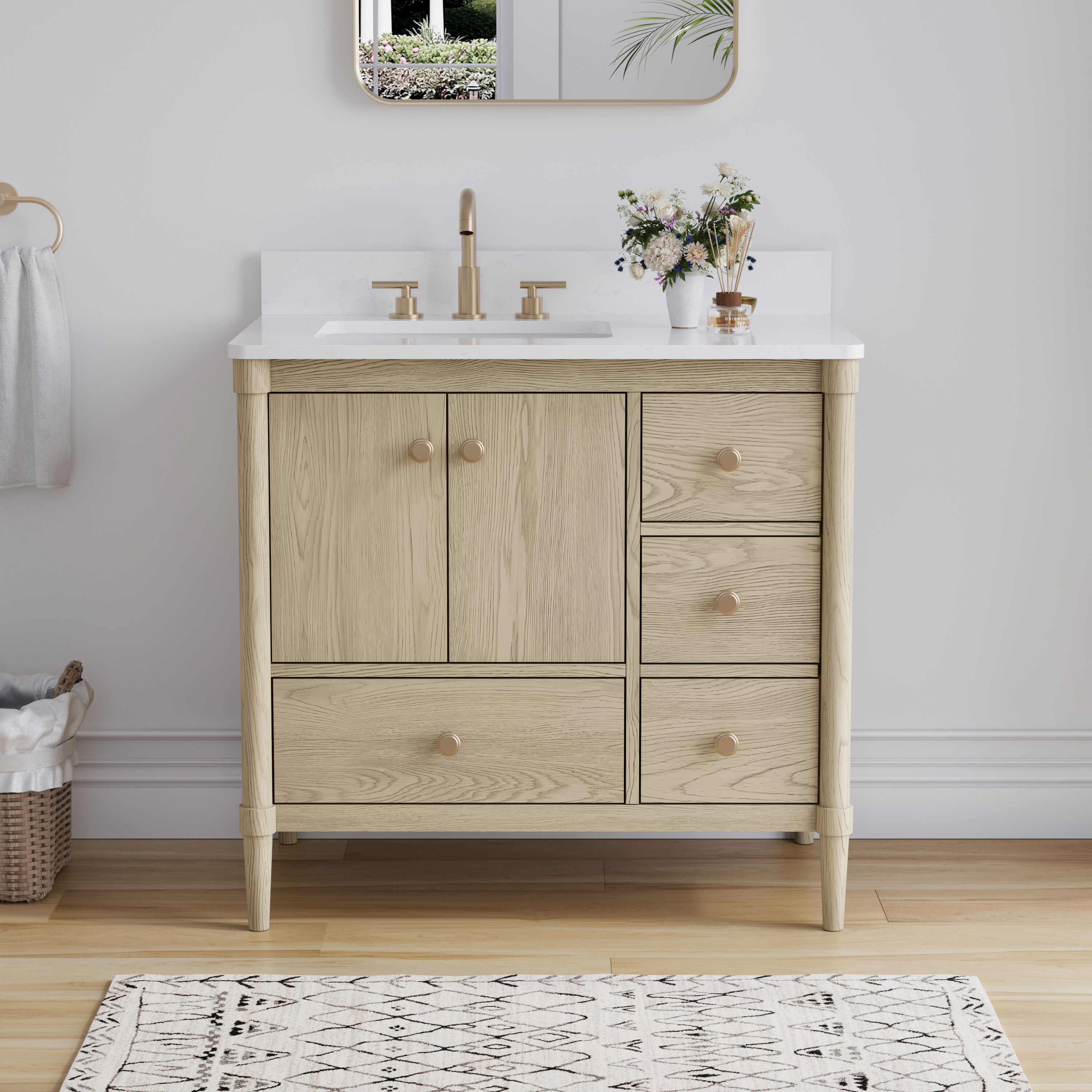 Forclover QNM-0848-IMO Freestanding Soft-Closing 36-in Oak Undermount Single Sink Bathroom Vanity with Carrera White Quartz Top