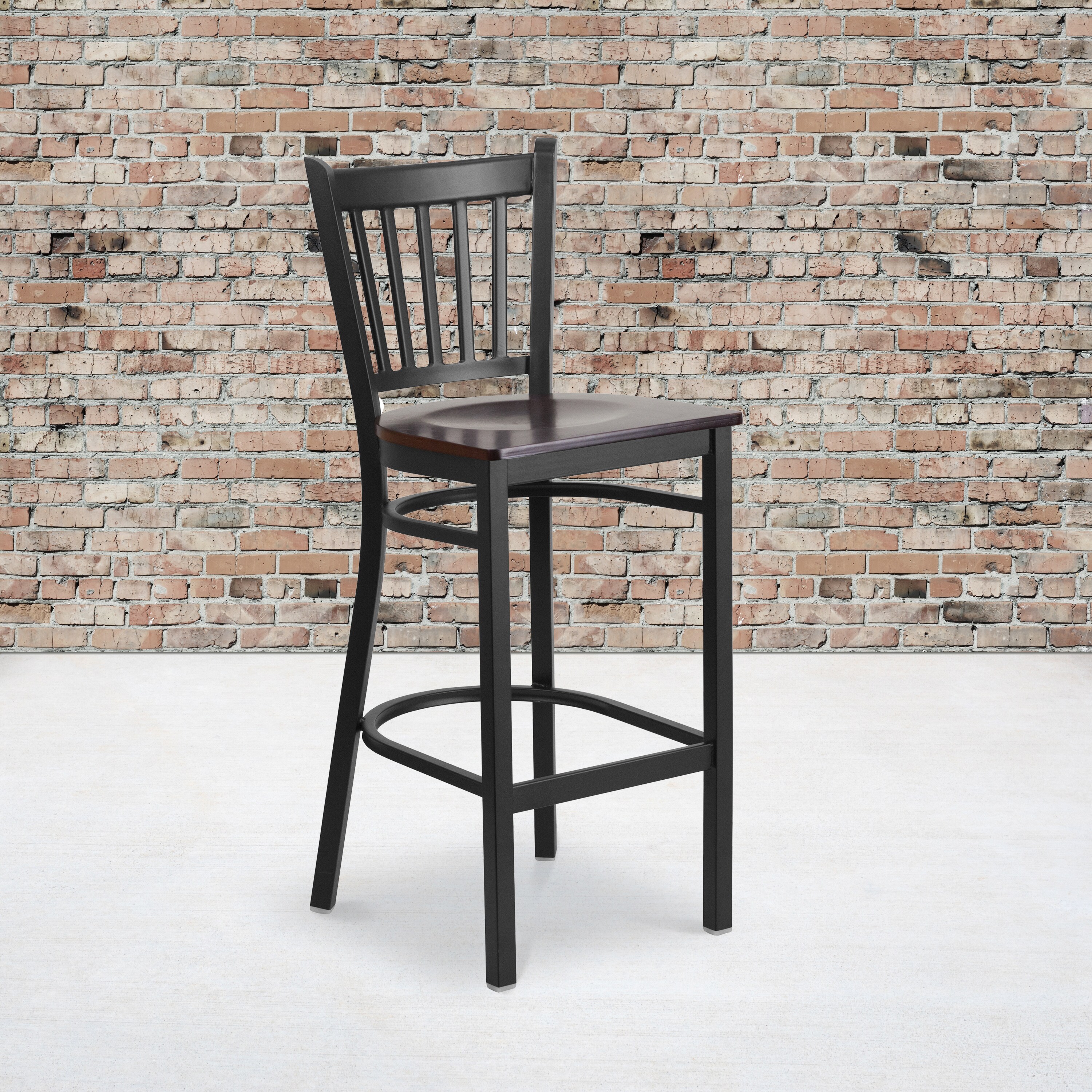 Elegant Black Metal and Walnut Wood Barstool with Vertical Back
