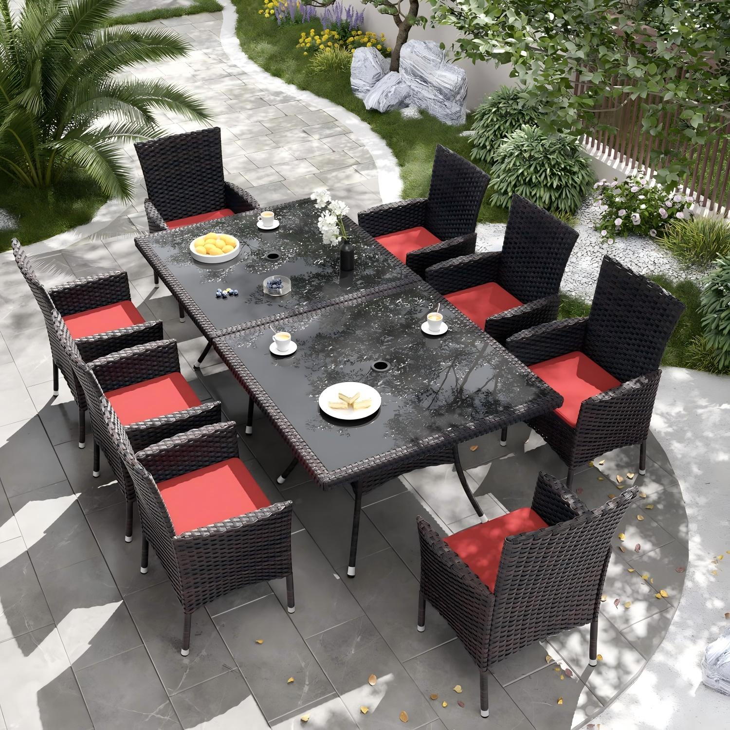 ALAULM LS-DT55-RED 10 -Piece Brown Wicker Patio Dining Set Wicker Square Table with 8 Brown Cushions Stationary Chairs