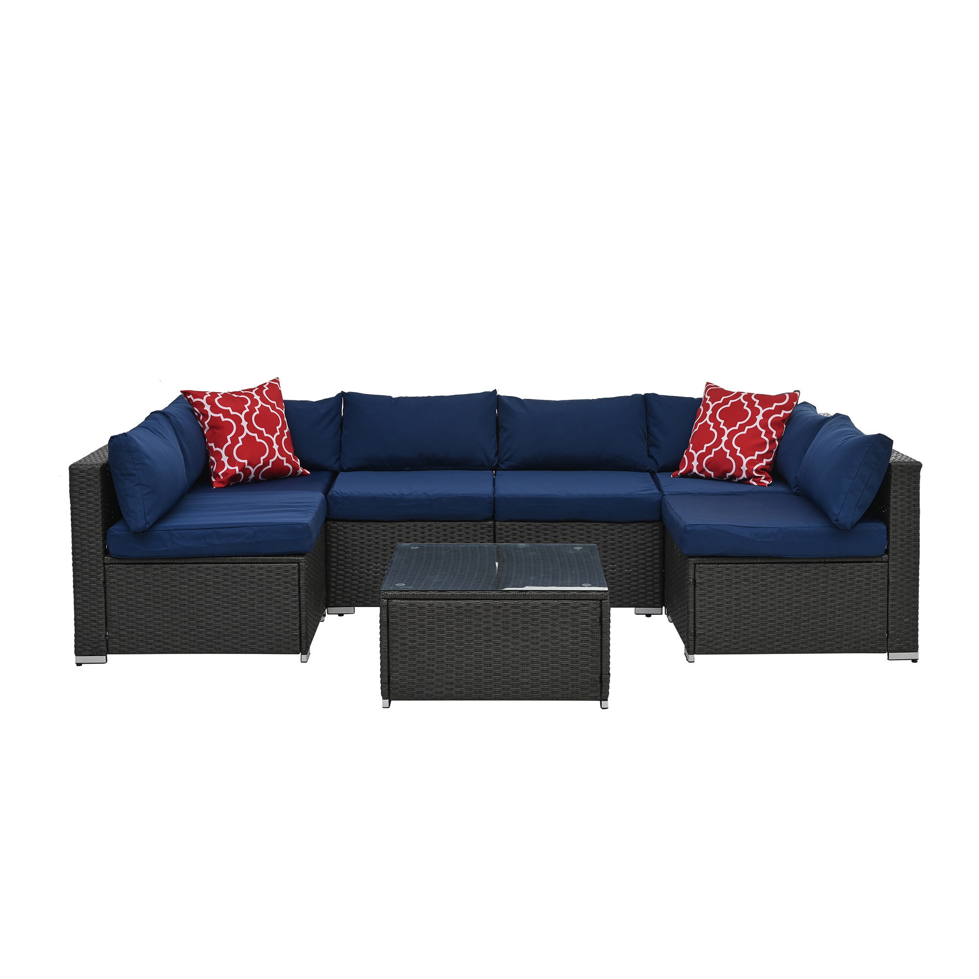 CASAINC BH-066CAA Outdoor Adjustable Patio sofa with Cushions 7-Piece Wicker Patio Conversation Set with Blue Cushions