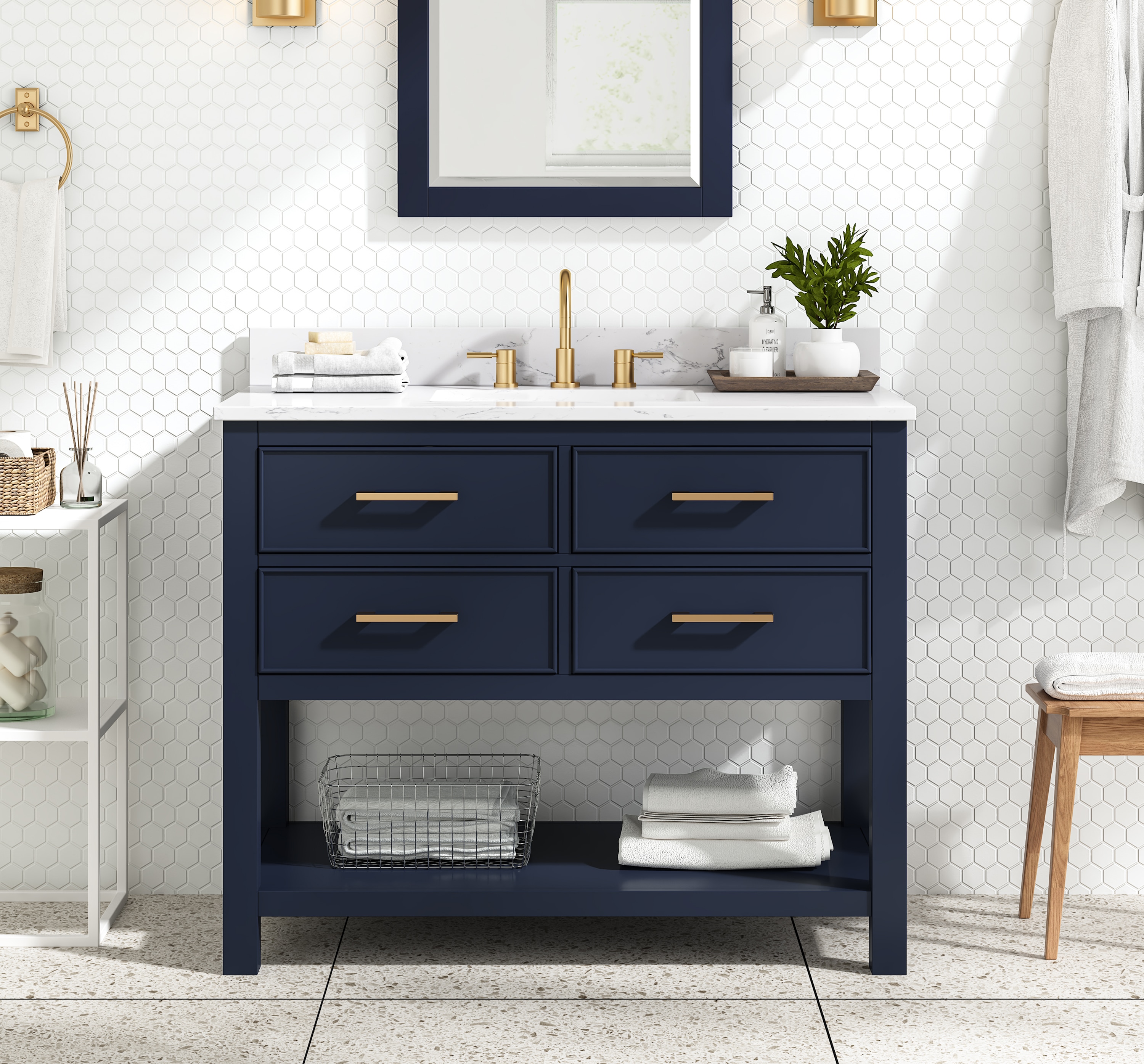Avanity BROOKS-VS43-NB-E 43-in Navy Blue Undermount Single sink Bathroom Vanity with Cala white engineered marble Engineered stone Top