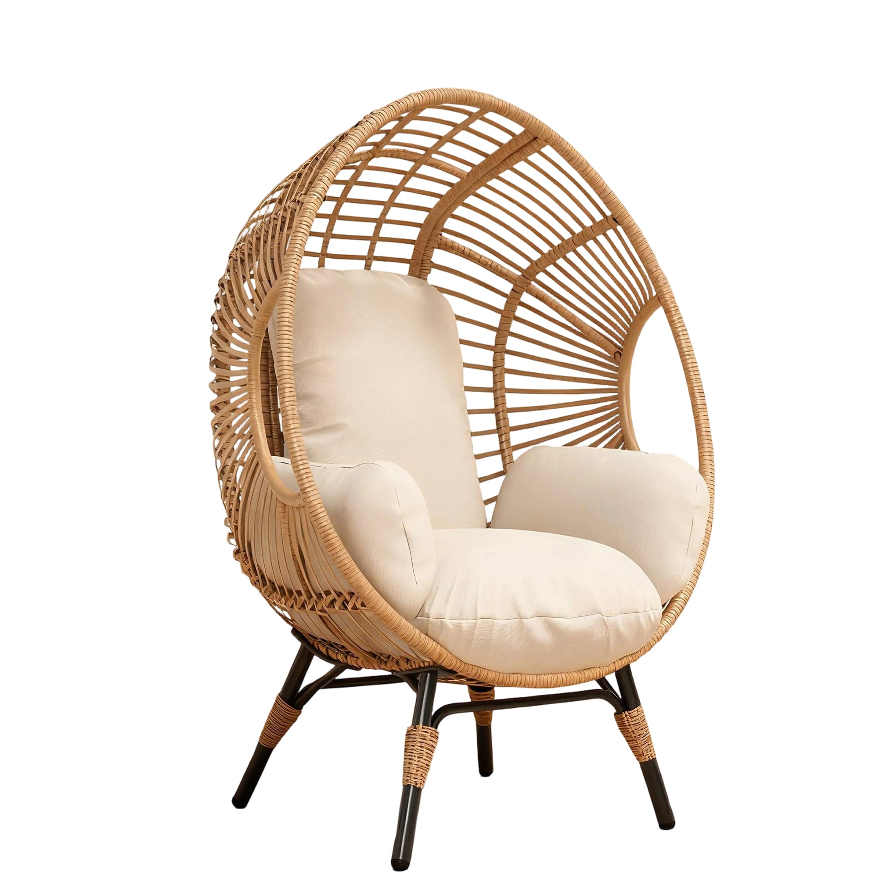 SINOFURN - Wicker Brown Metal Frame Stationary Egg Chair with Beige Cushioned Seat
